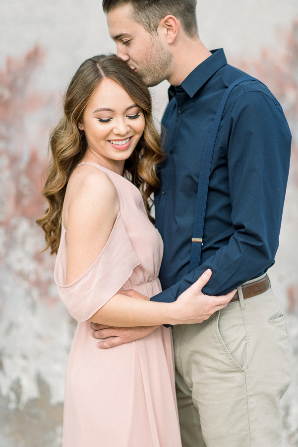 Phoenix Arizona Engagement Session Photo of Engaged Couple in Blush Pink Gown and Navy Blue Dress Button Up Shirt | Tucson Wedding Photographer | West End Photography