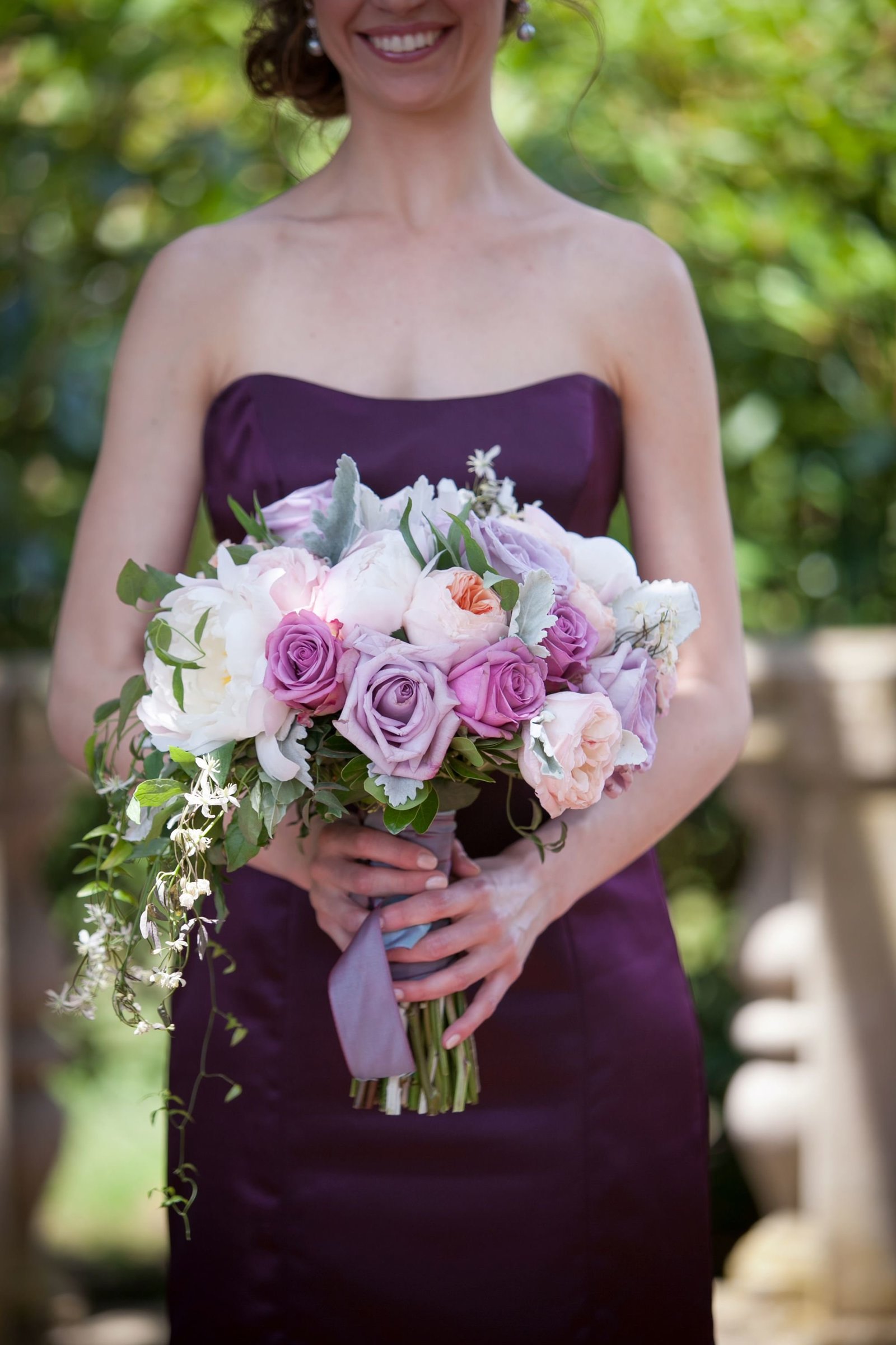 Blush, purple and ivory bridesmaid bouquet at The Branford House in Groton, CT
