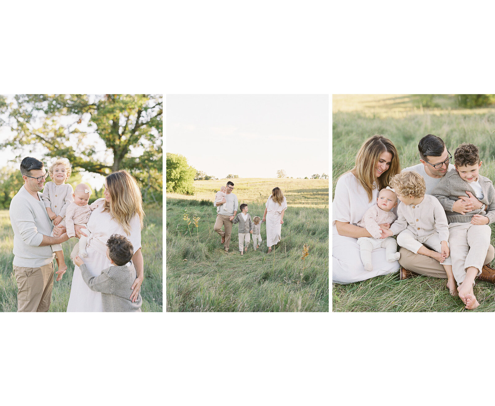 family in high end clothing during spring family session in a grassy field by Milwaukee family photographer, Talia Laird Photography