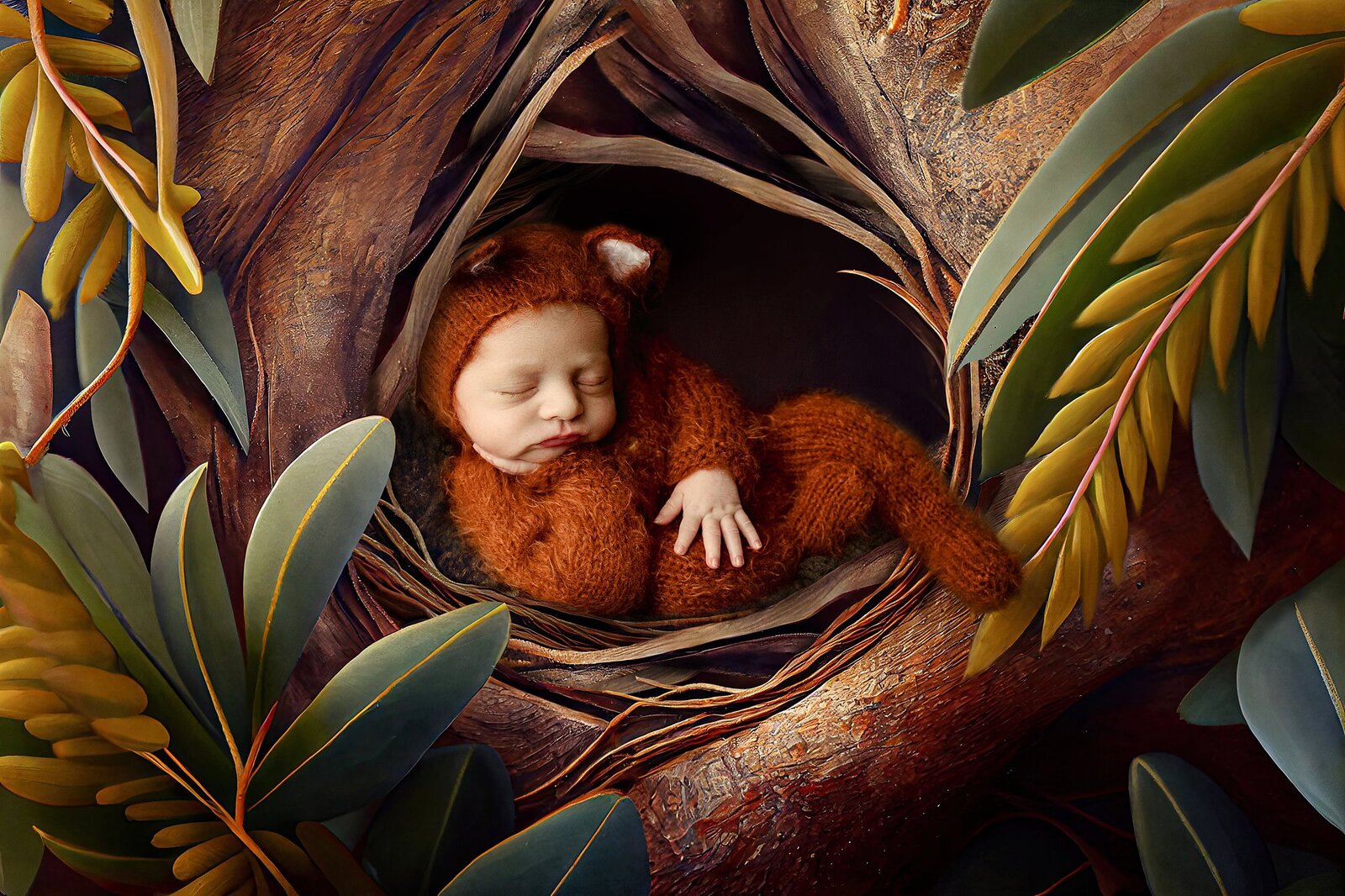 baby boy in a fox outfit posed in a tree.