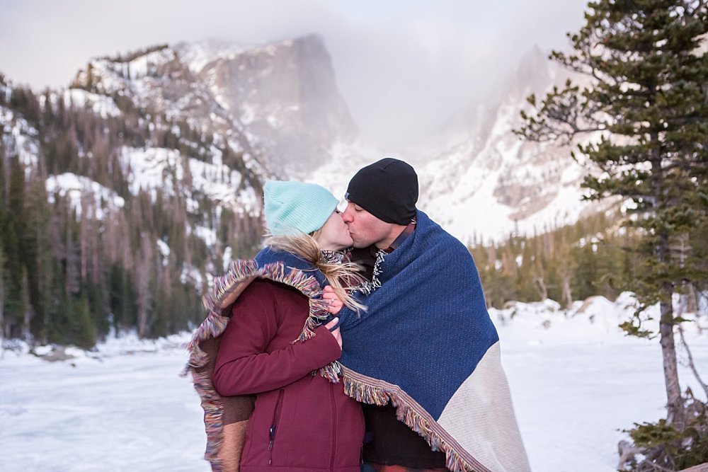Winter engagement photos at Dream Lake Rocky Mountain National Park