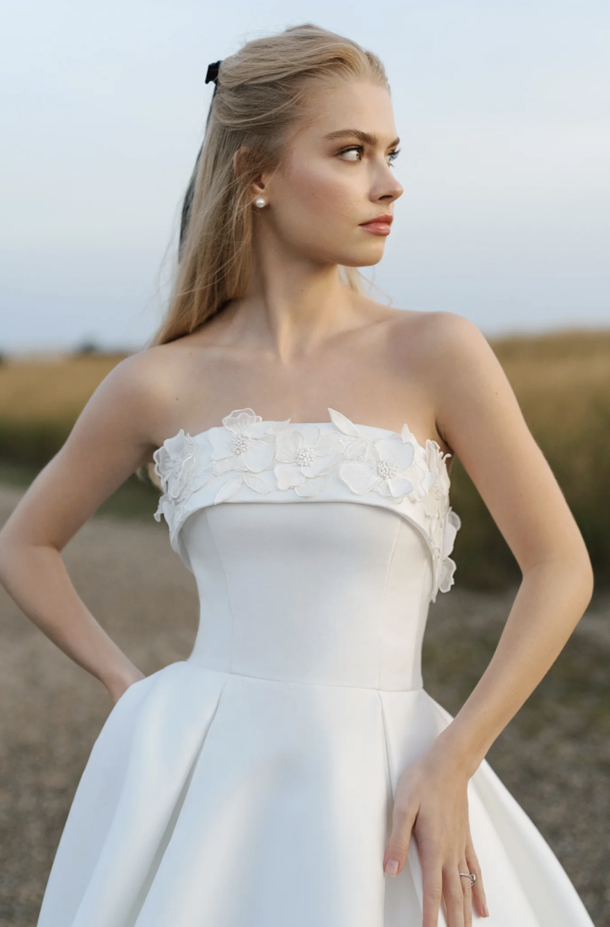 Strapless wedding dresses in Denver CO. Mimi's Couture Bridal at Little White Dress. LWD Bridal Shop. Galia Wedding Dress Shopping