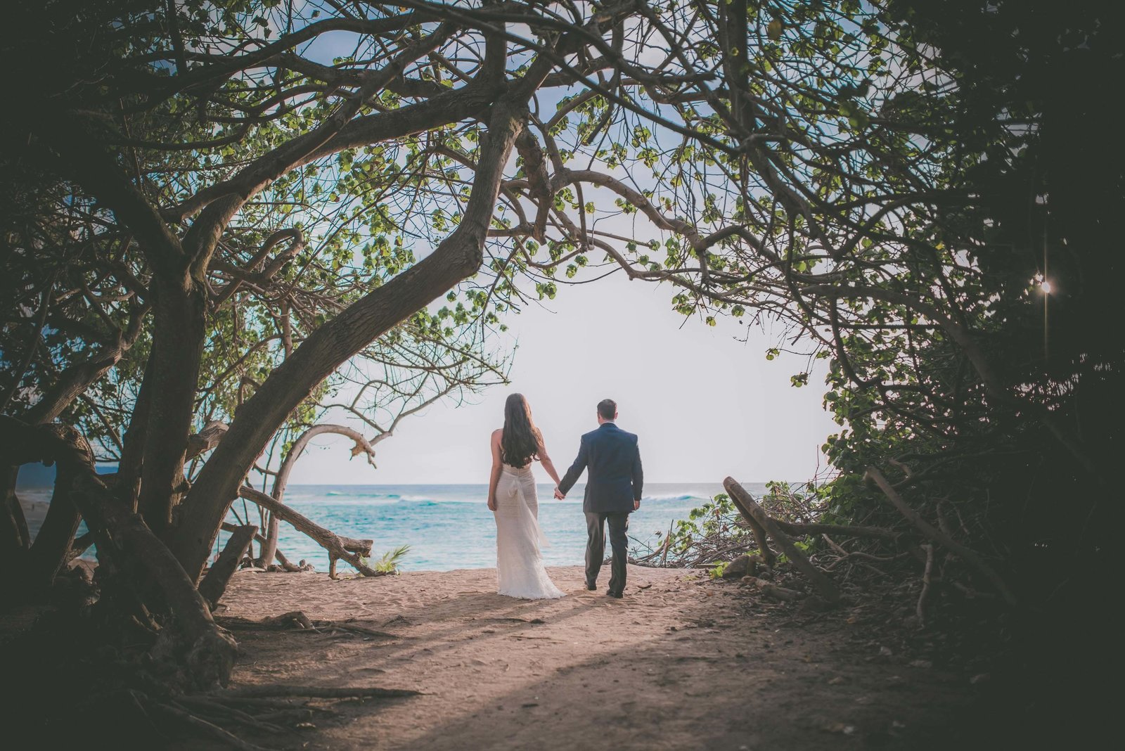 Bride and groom hold hands and take in the Oahu beach view while in the tree line.