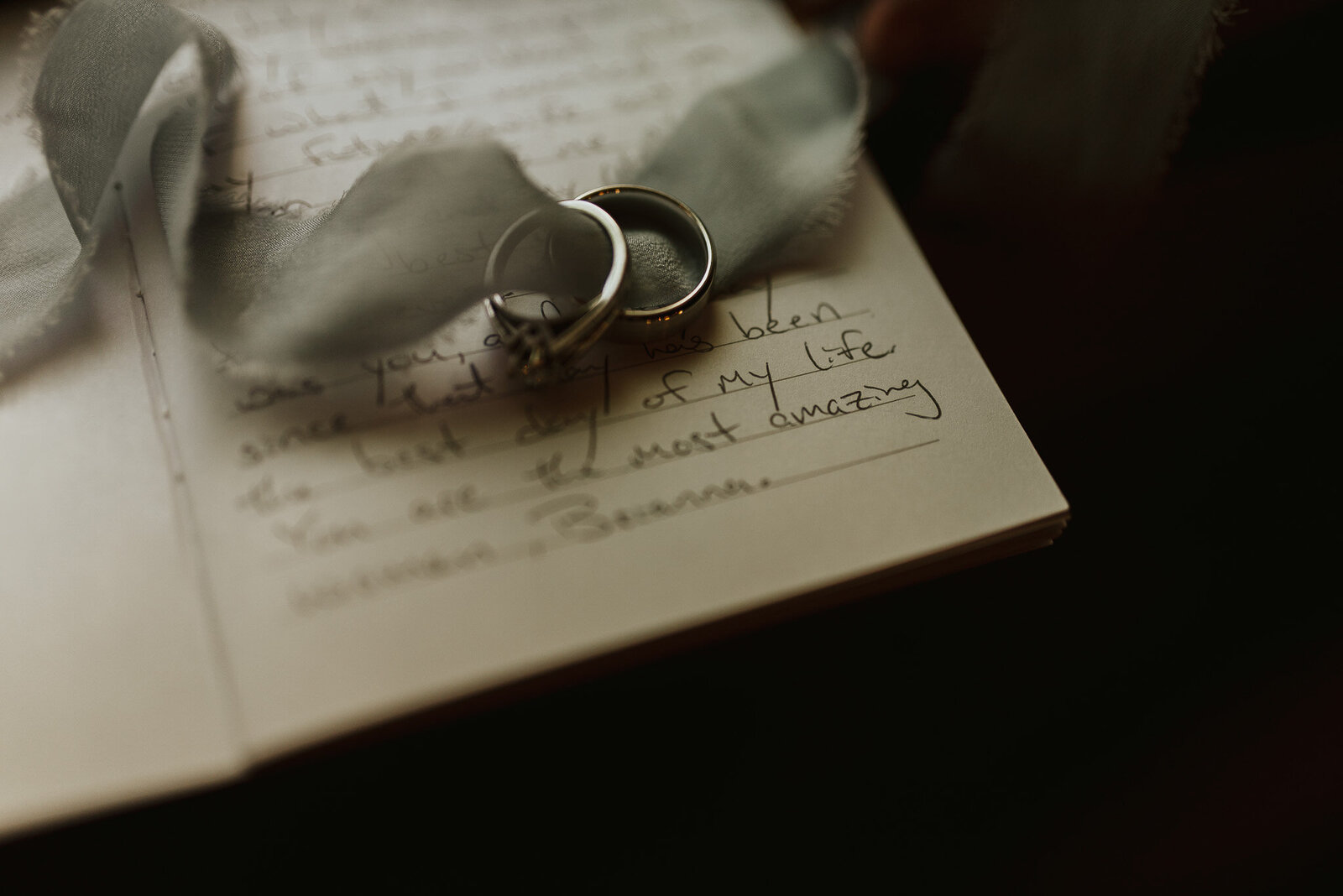 photo of wedding rings on top of vows at a colorado wedding.
