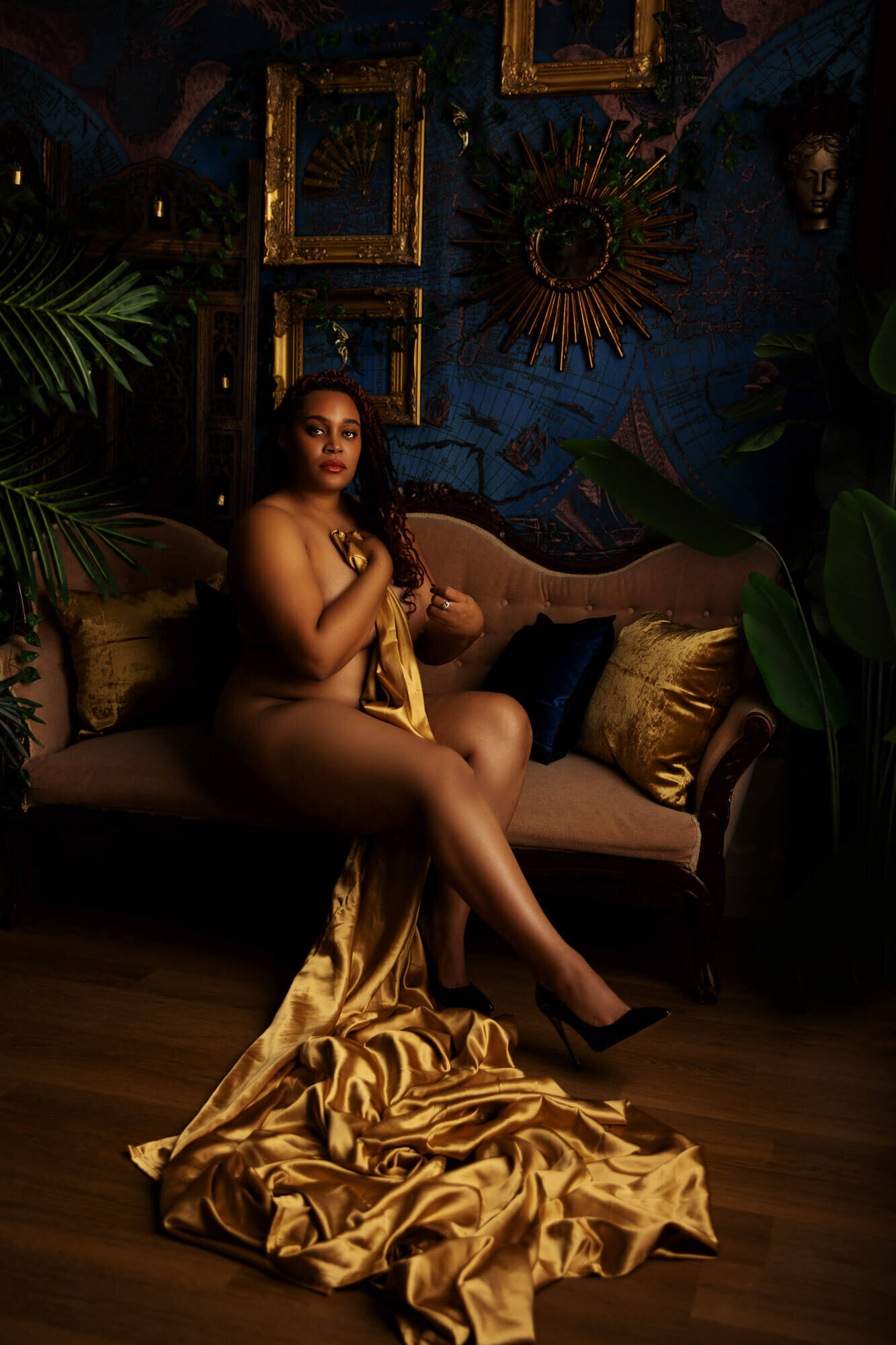 African American Woman Sultry and confident plus-size boudoir shot in Scottsdale, Arizona