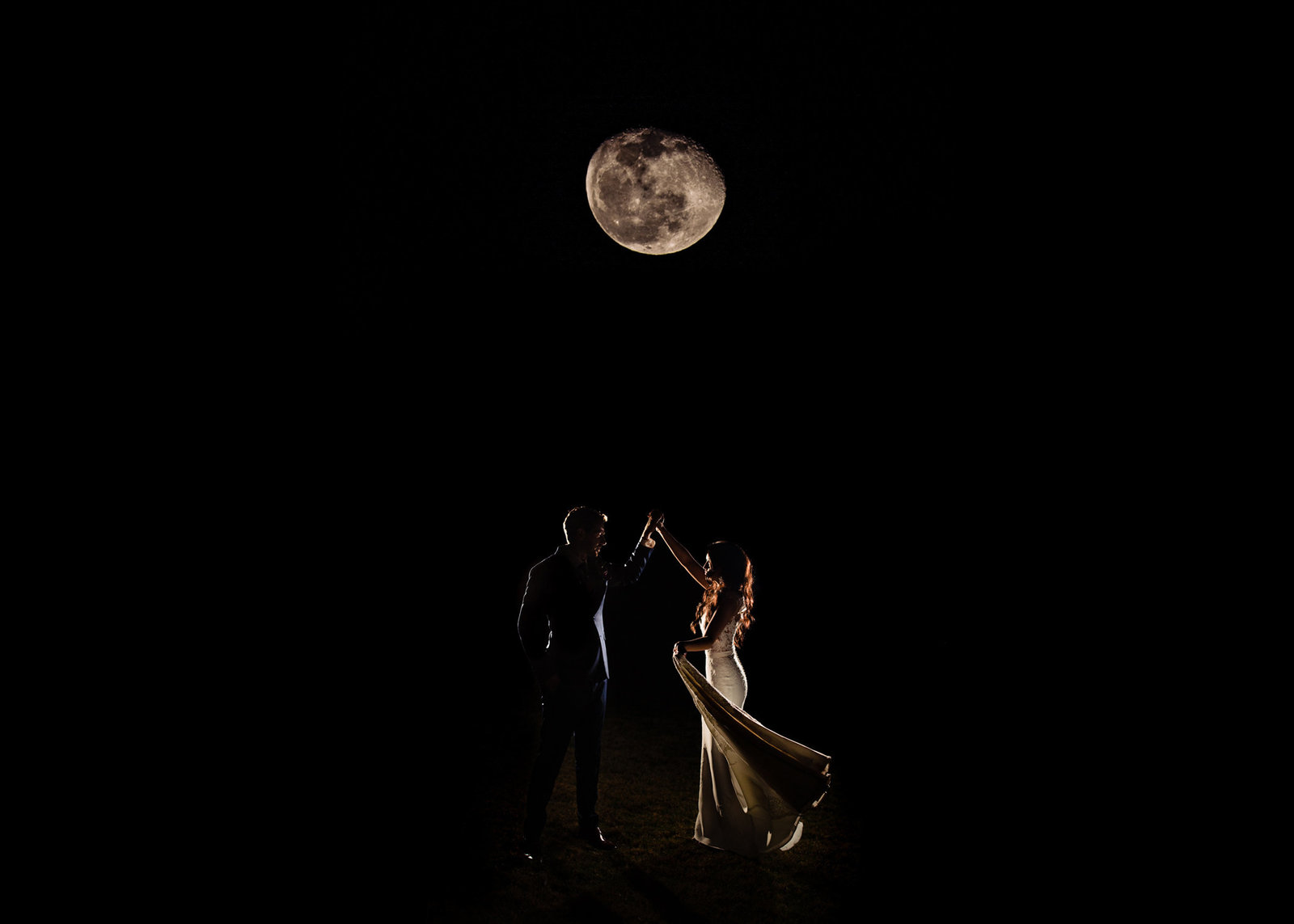 Bride and Groom Portrait under the moon at Camp Lucy in Dripping Springs