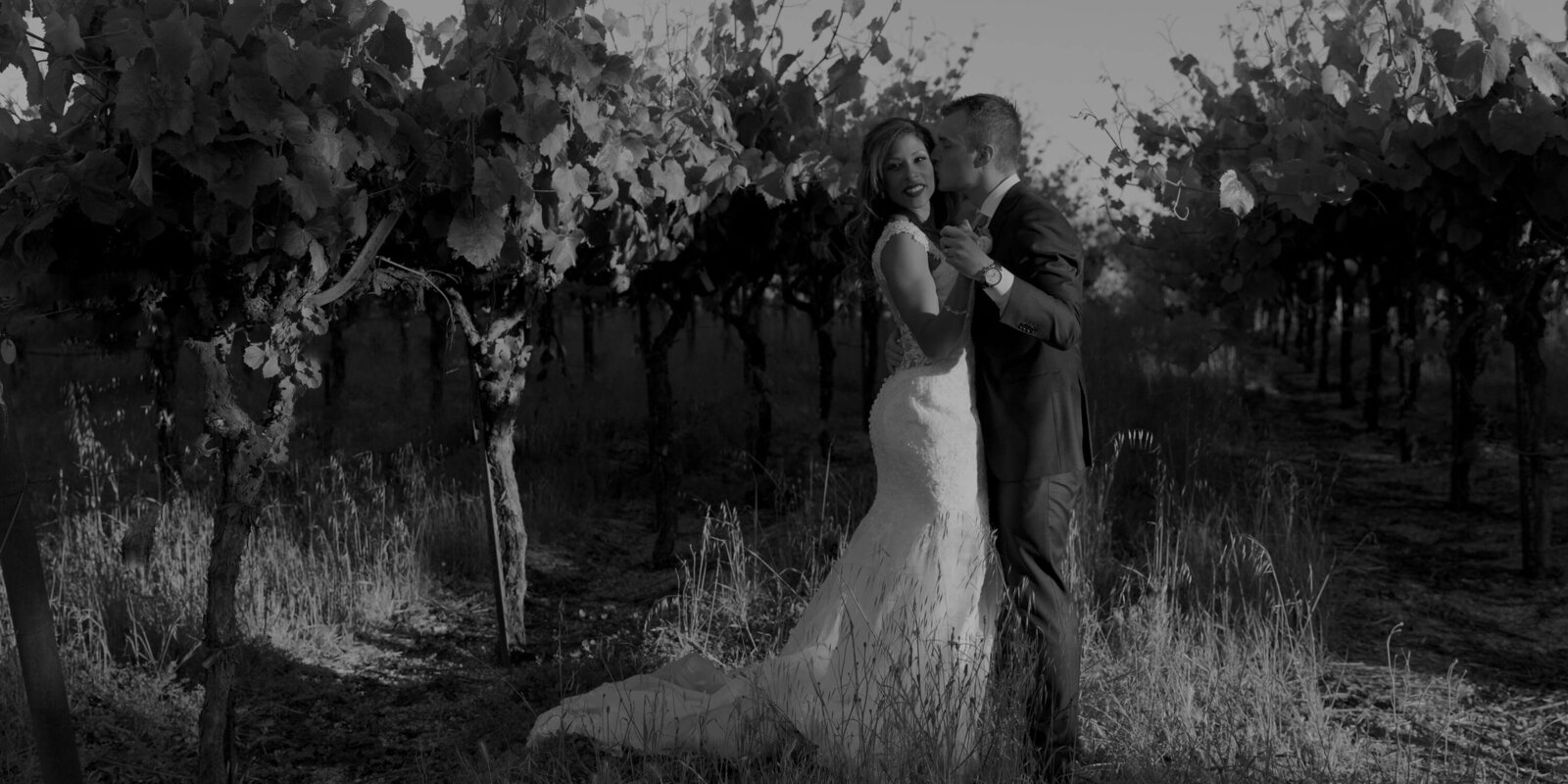 Newly married couple embrace for a dance at a vineyard wedding.