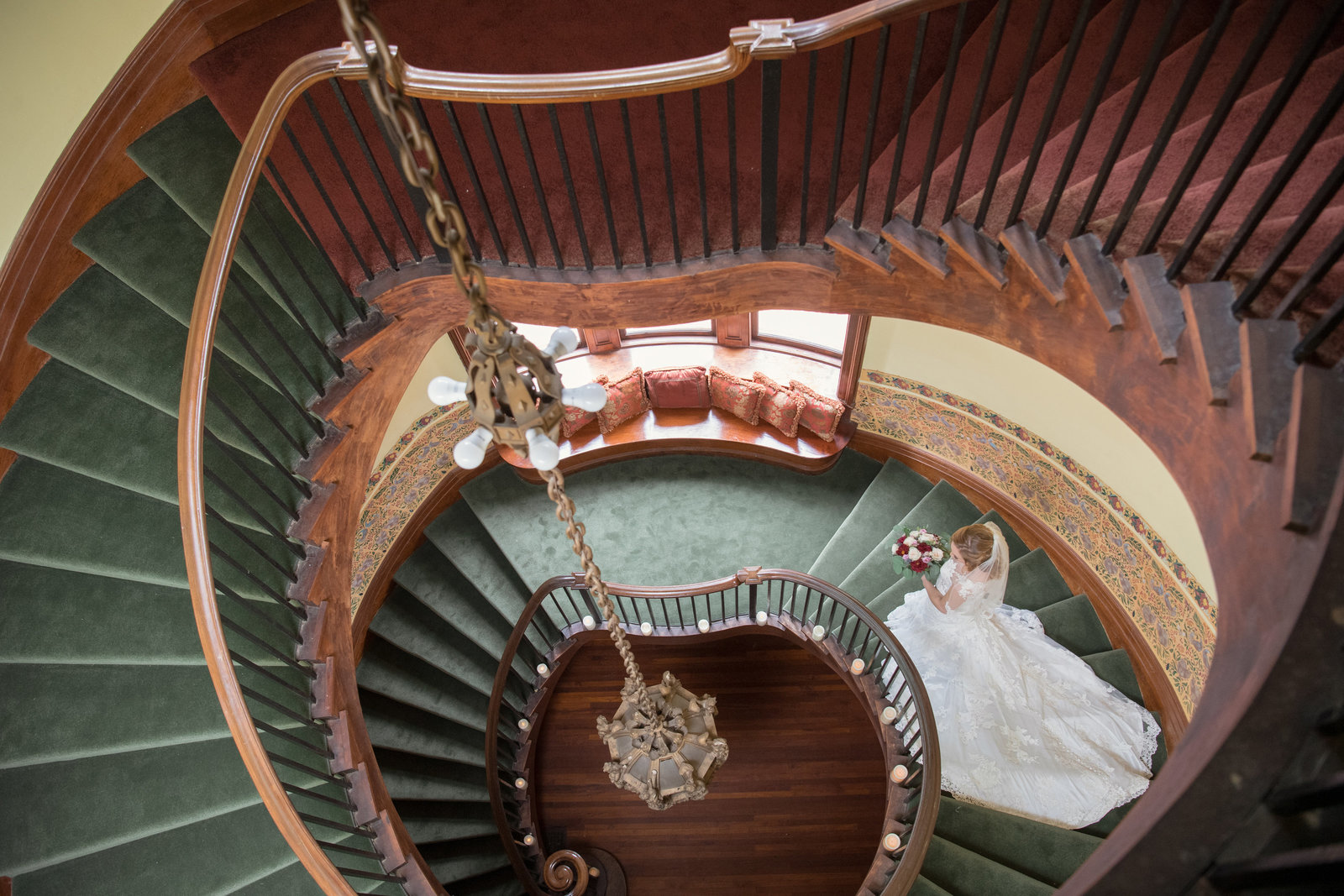 creative view of bride from upstairs at Coindre Hall