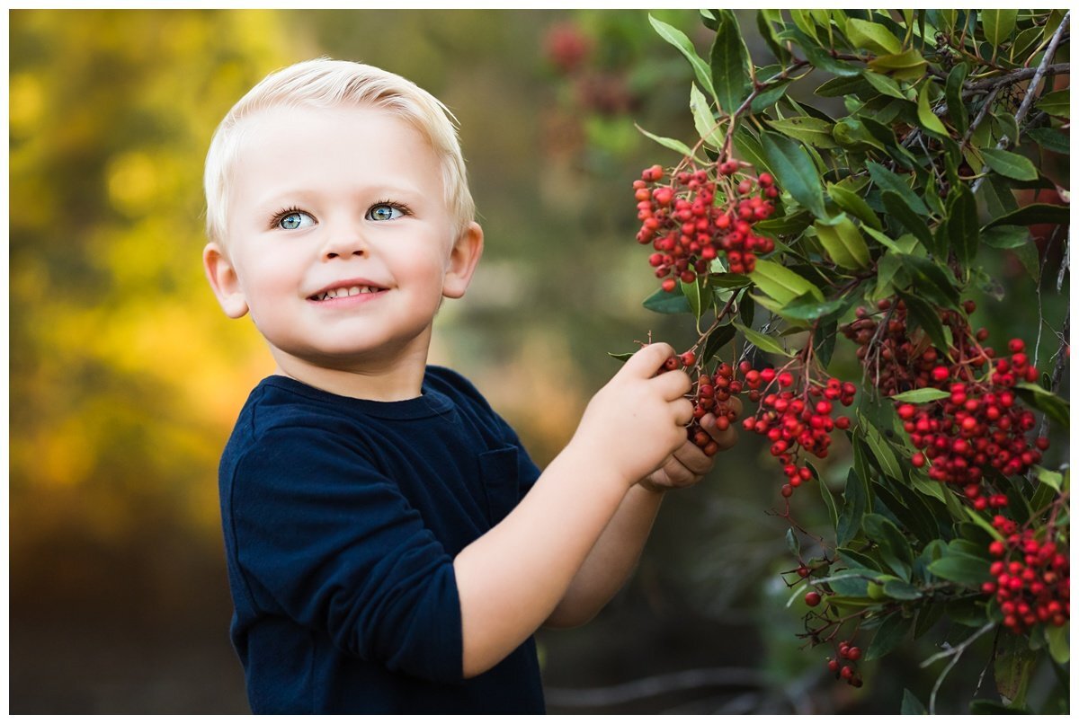 young boy posing with berry bush