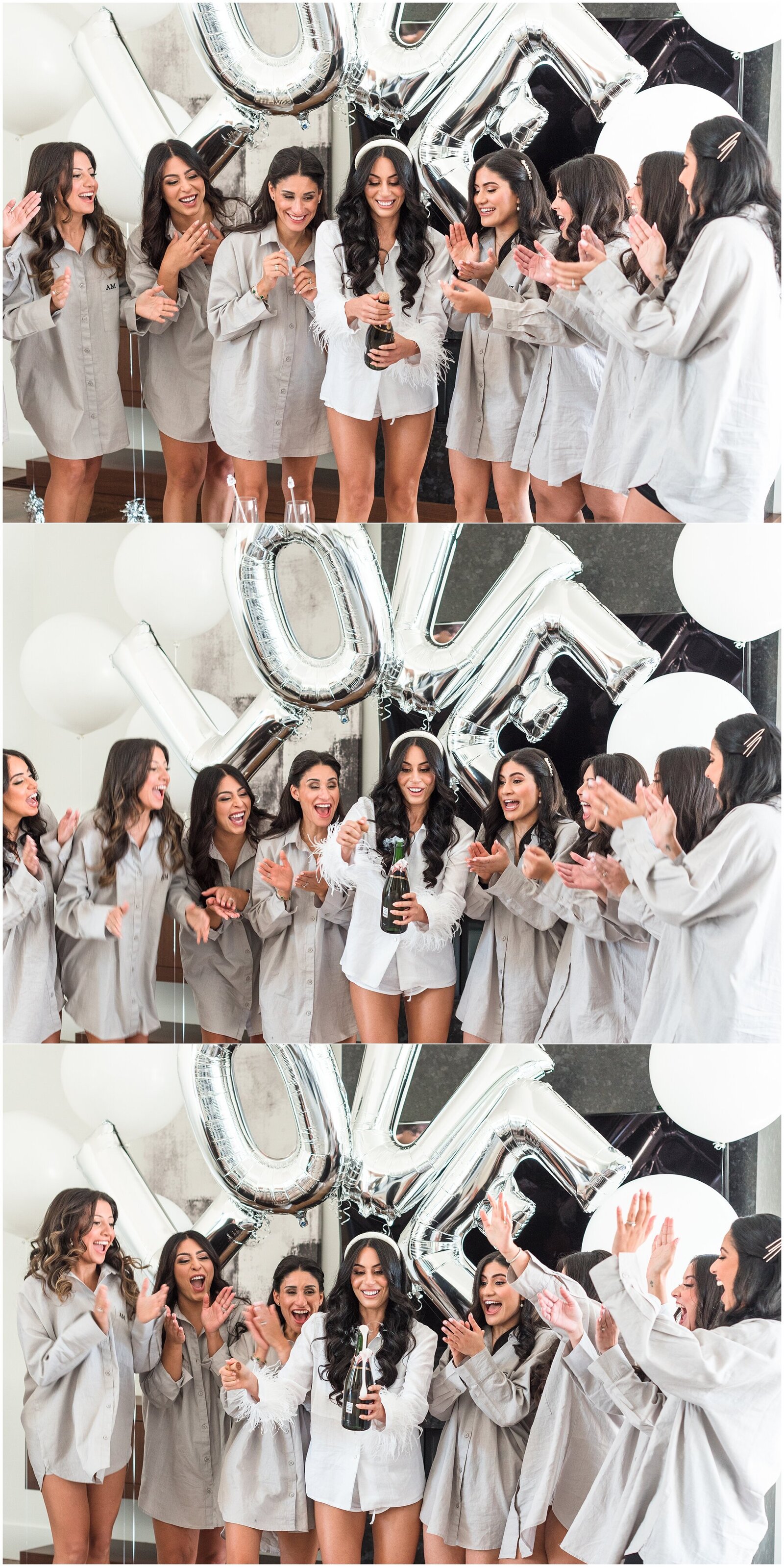 Bride and bridesmaids popping champagne in Toronto