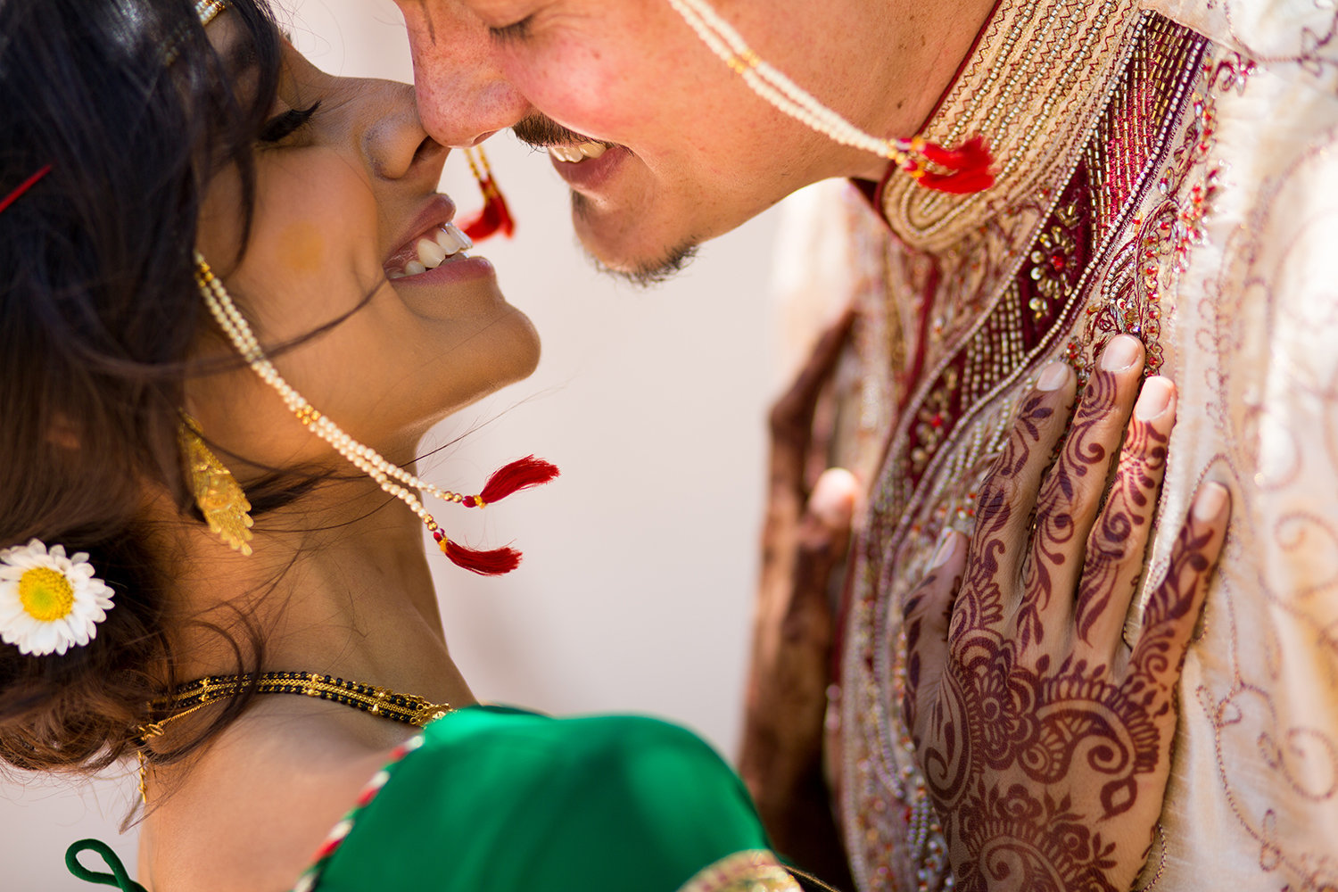 Creative close up of Hindu Bride and Groom