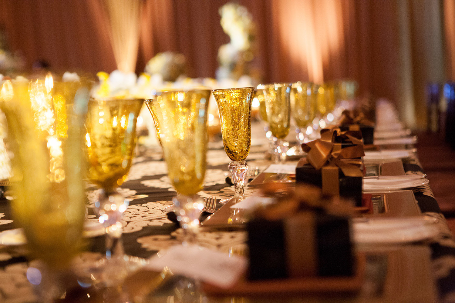 Wedding reception tables set perfectly for the nights celebration