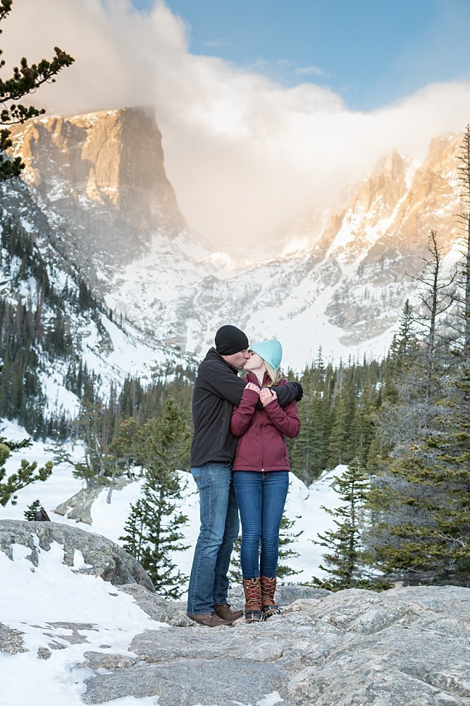 Dream lake winter engagement photos Rocky Mountain National Park