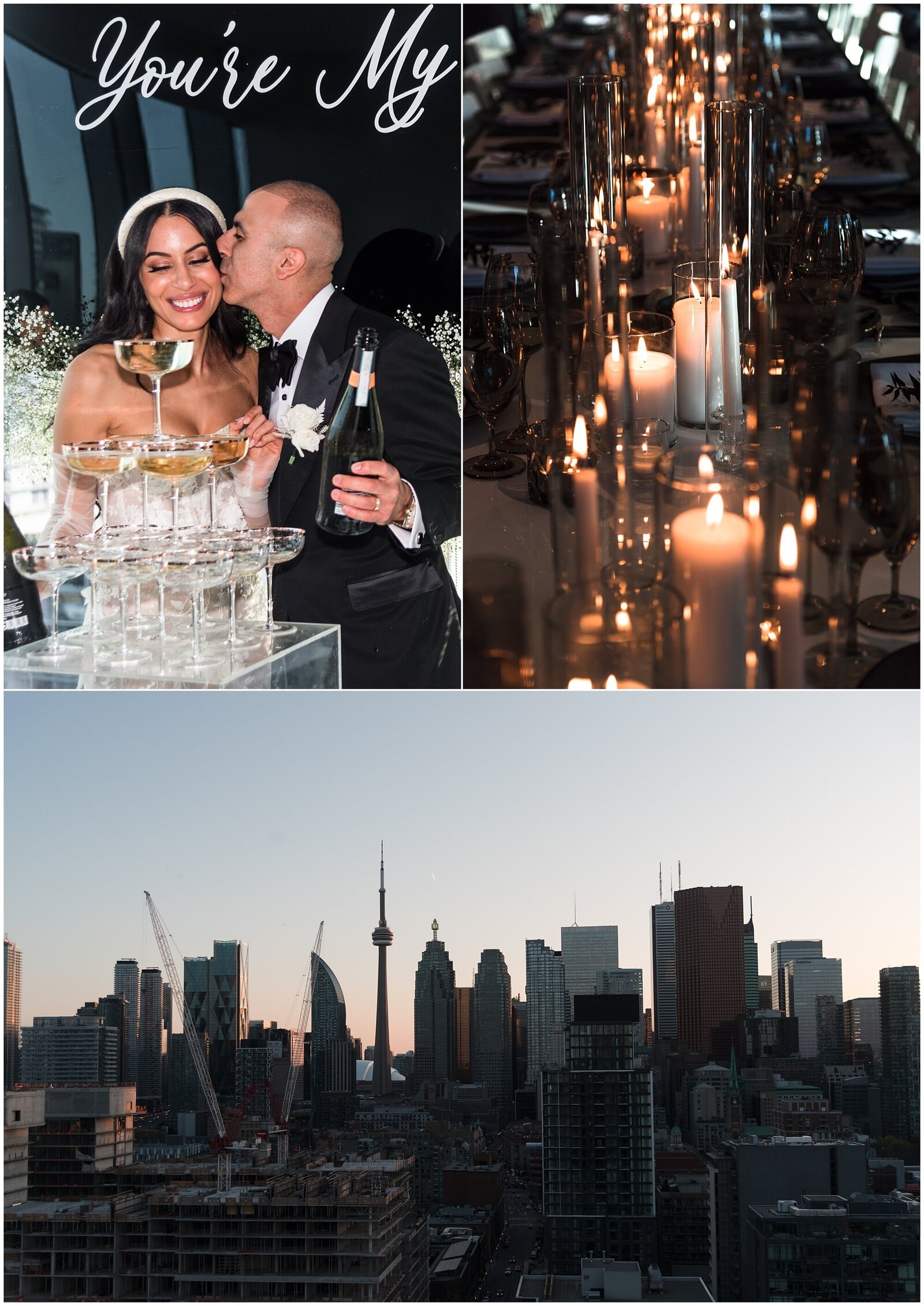 Groom kisses his bride on the cheek in front of a champagne tower at The Globe and Mail Centre with Toronto skyline