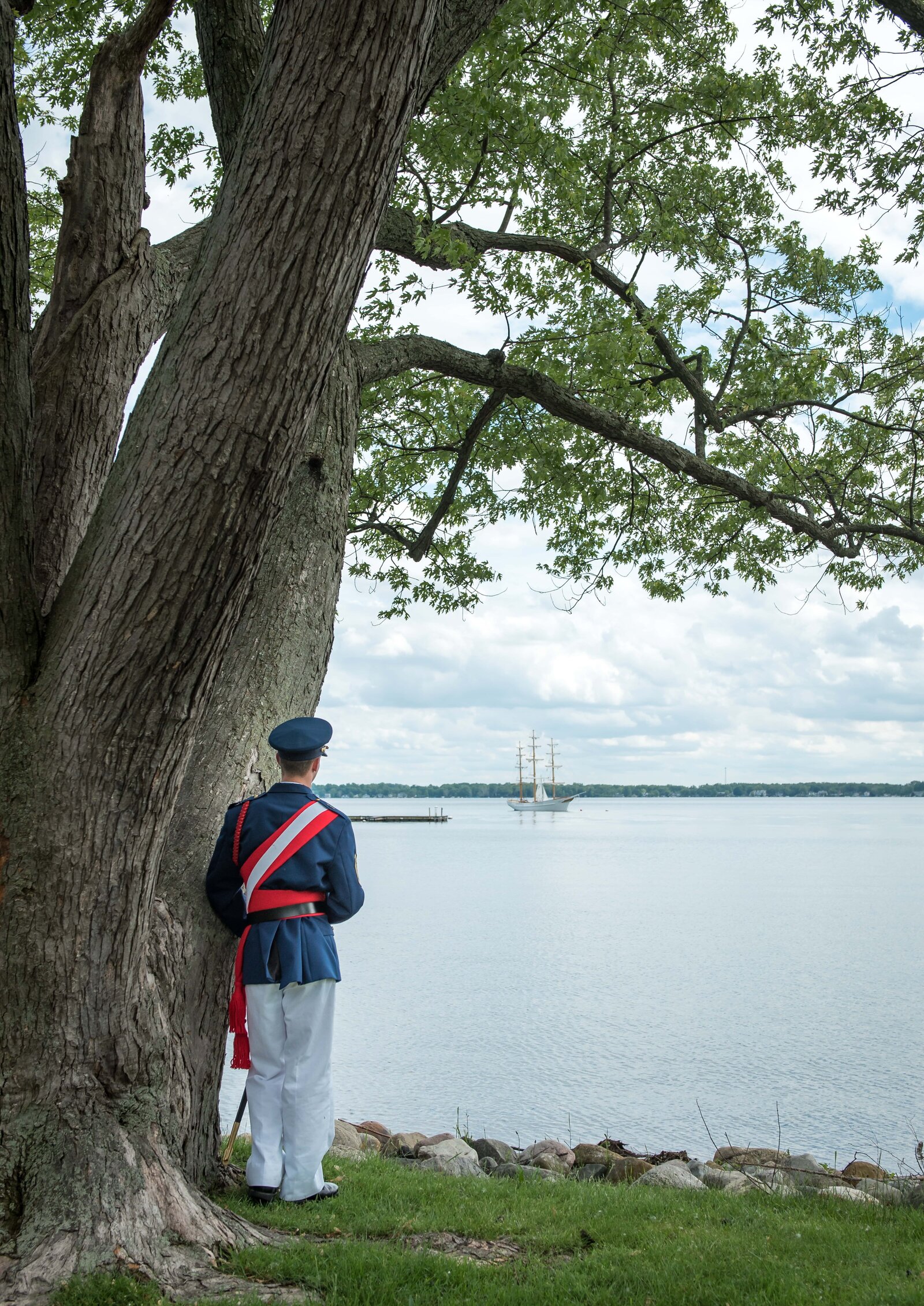 A senior student at Culver Military Academy looks out at Lake Maxinkuckee during his portrait session.