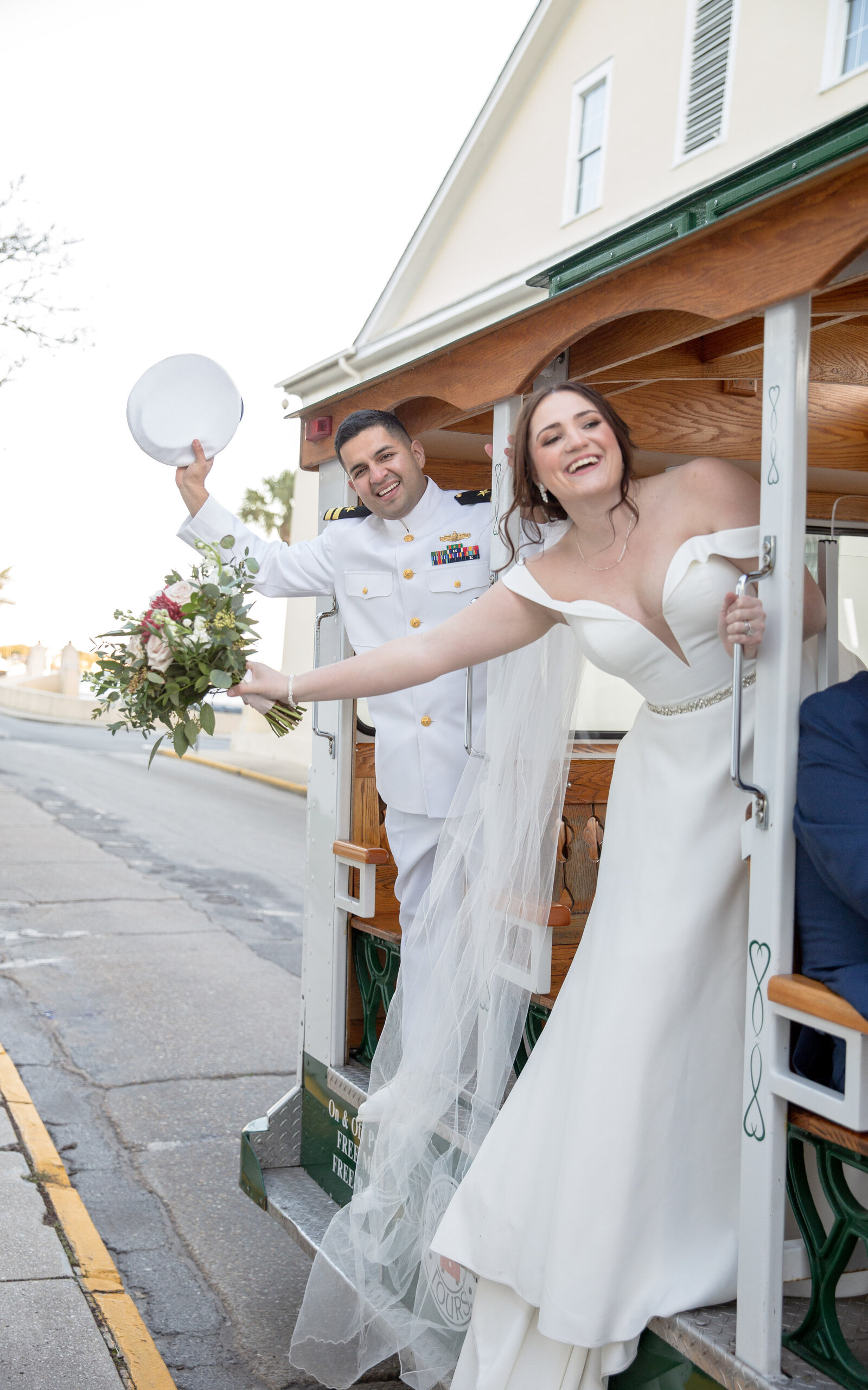 Bride and Groom on Trolley in St Augustine, FL