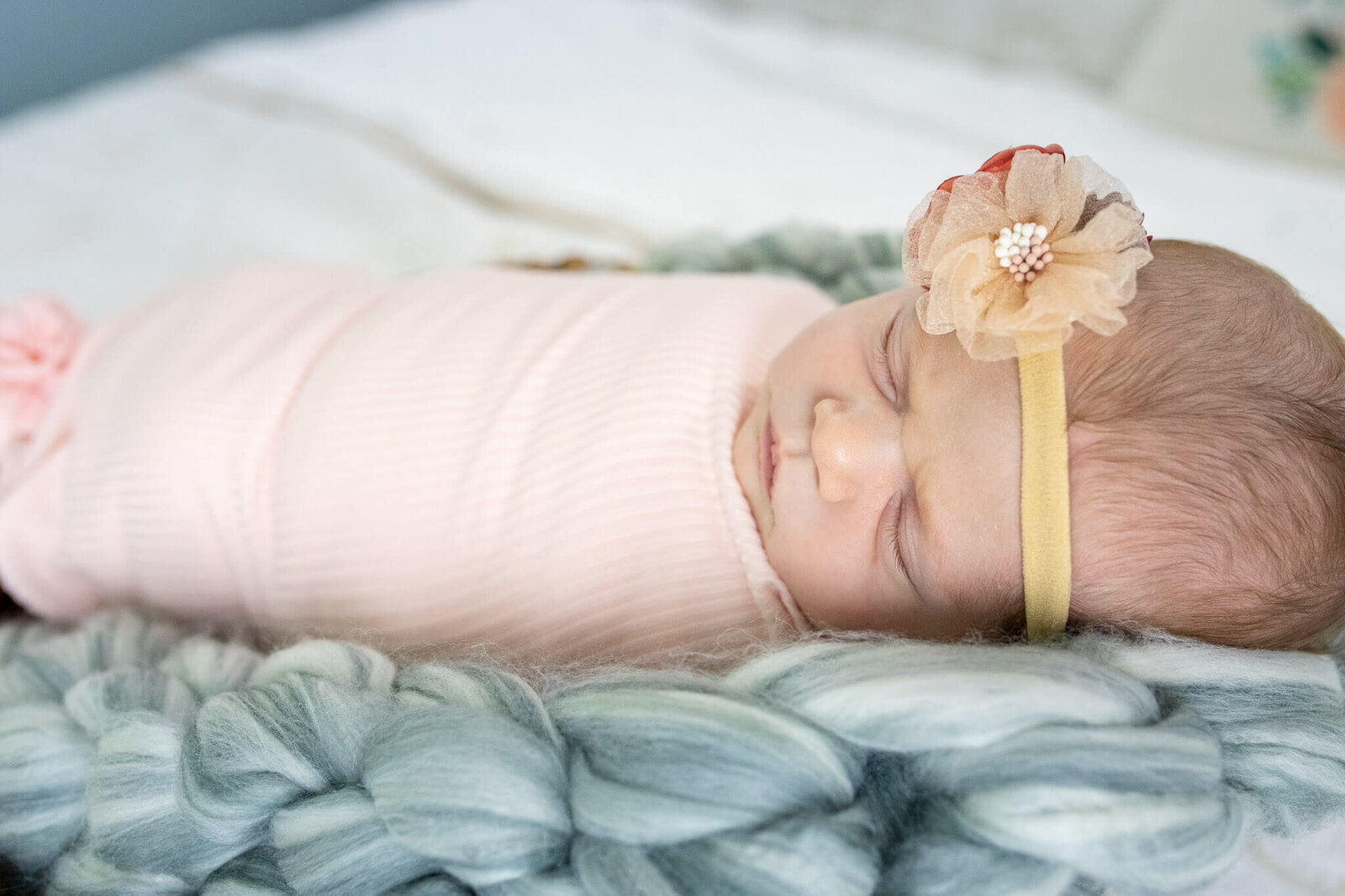 A newborn girl wrapped in pink during her Alexandria newborn session.
