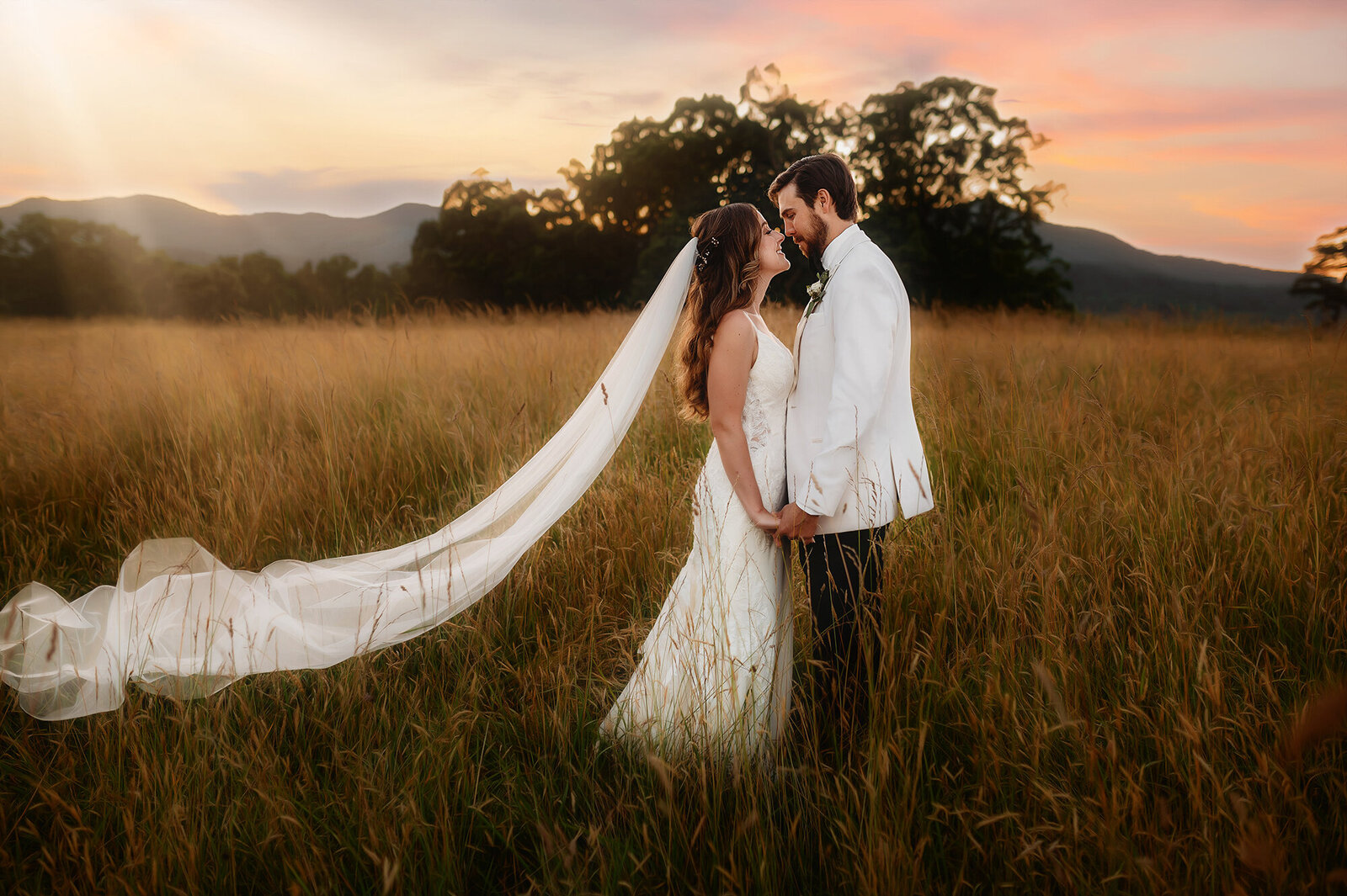 Bride and Groom embrace for Newlywed Portraits after their Micro Wedding Ceremony in Asheville, NC.
