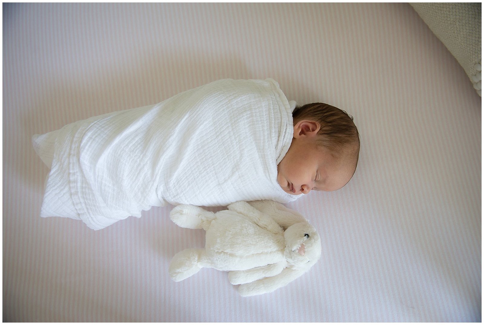 Newborn baby girl swaddled in crib with stuffed bunny Emily Ann Photography Seattle Photographer