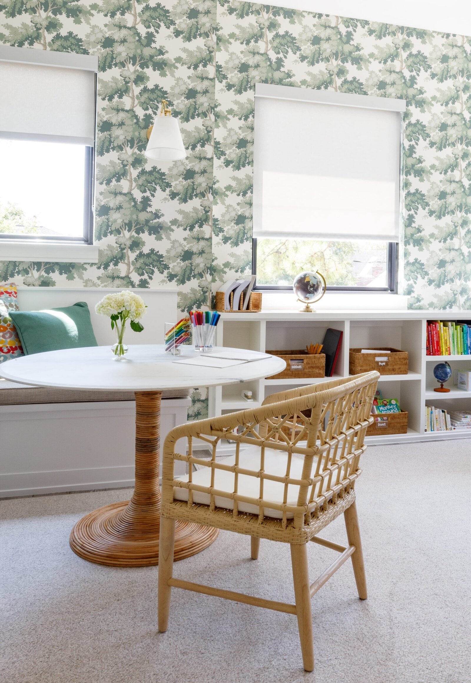 vision and hammer breakfast nook with green floral wallpaper