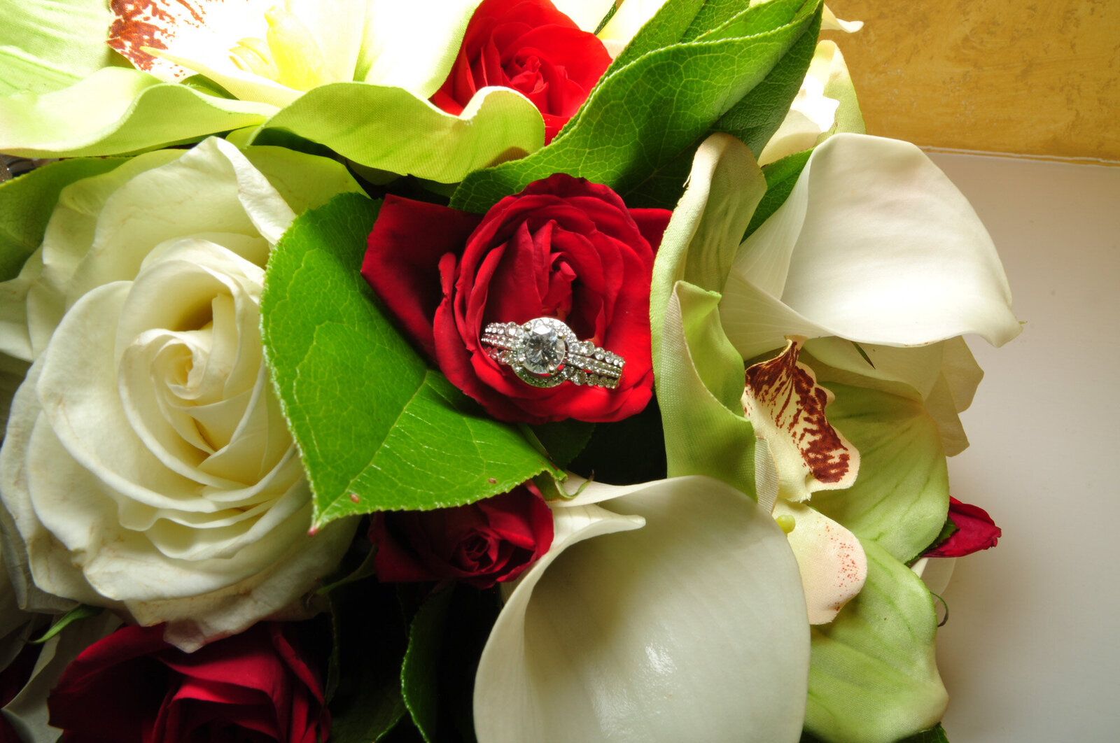 Floral bouquet that has the engagement ring