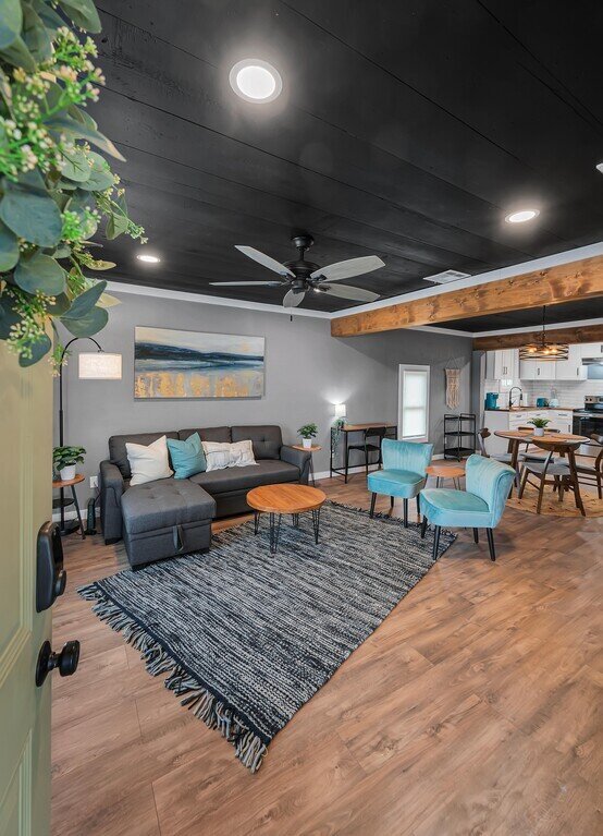 Sleeper sofa for two in this two-bedroom, one-bathroom vacation rental house for five located just 5 minutes from Magnolia, Baylor, and all things downtown Waco.