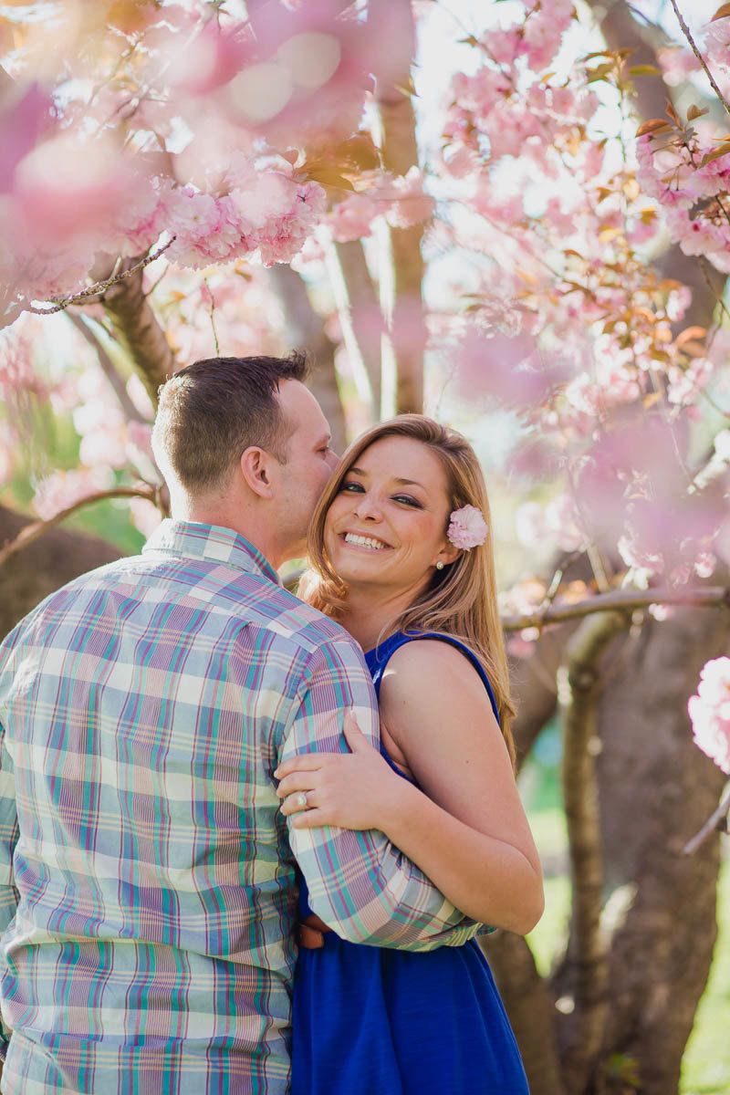 Engaged couple pose under cherry blossom tree in the spring, Boathouse Row, Kelly Drive, Philadelphia, Pennsylvania