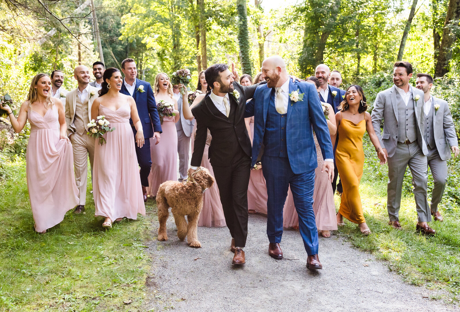 two grooms and wedding party at willowdale