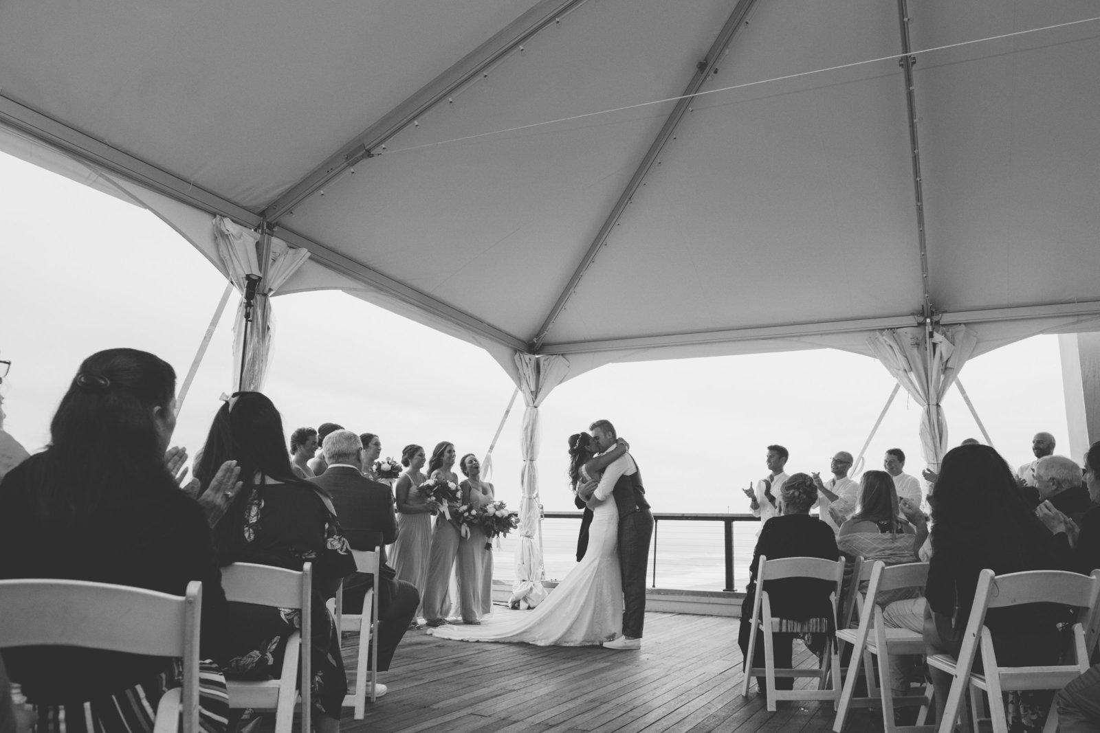 black and white photo of bride dancing Gurneys Montauk Resort wedding