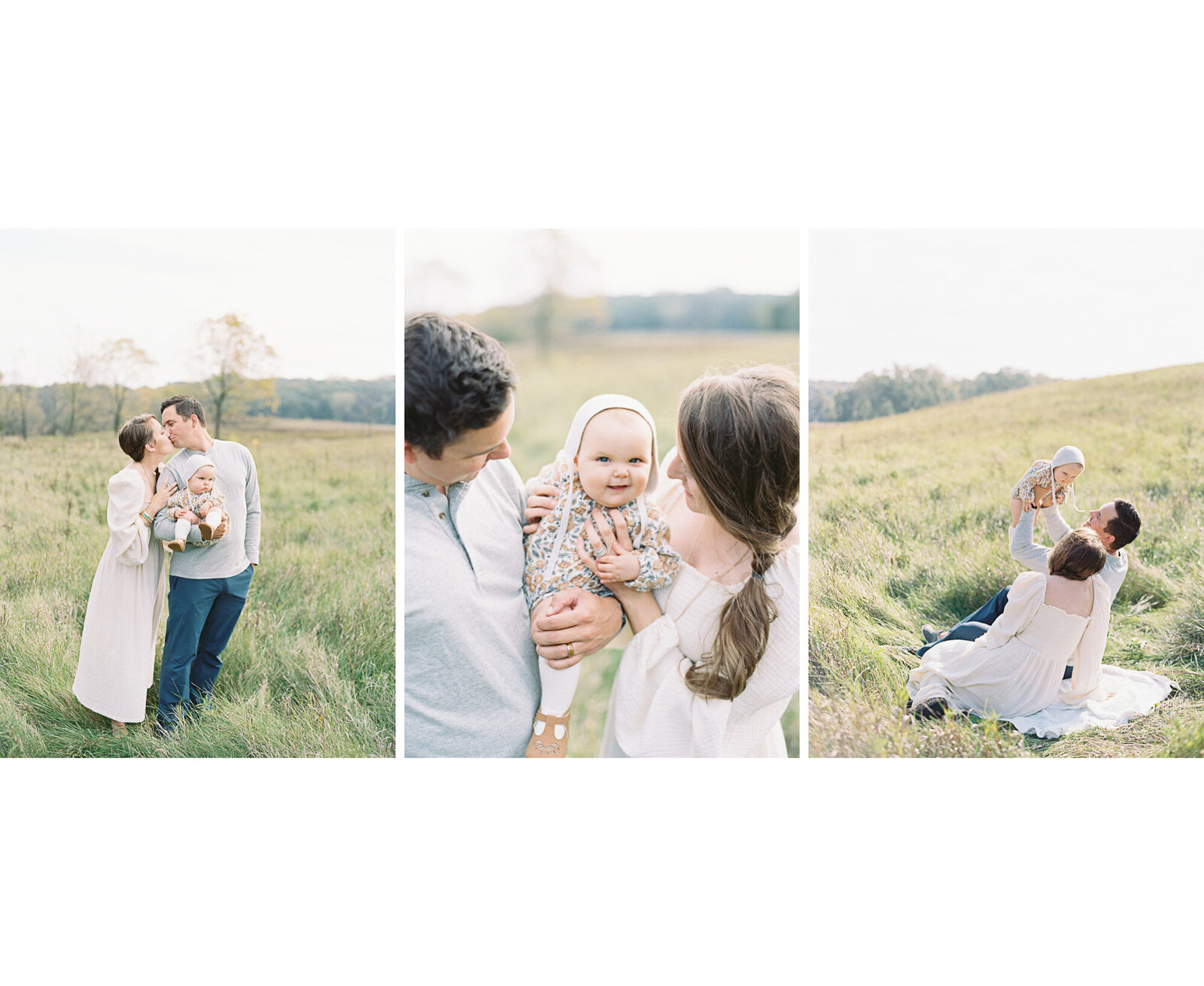 photo of a family with 9 month old baby in an idyllic outdoor field in fall by madison wi photographer, Talia Laird Photography