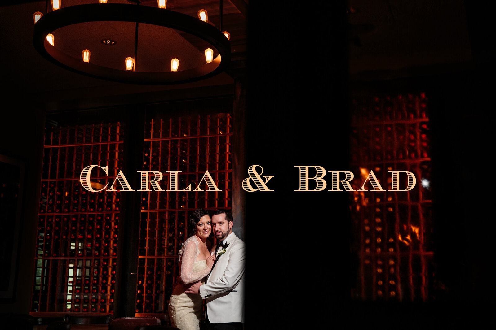 Stunning bride and groom embrace for portrait in wine cellar