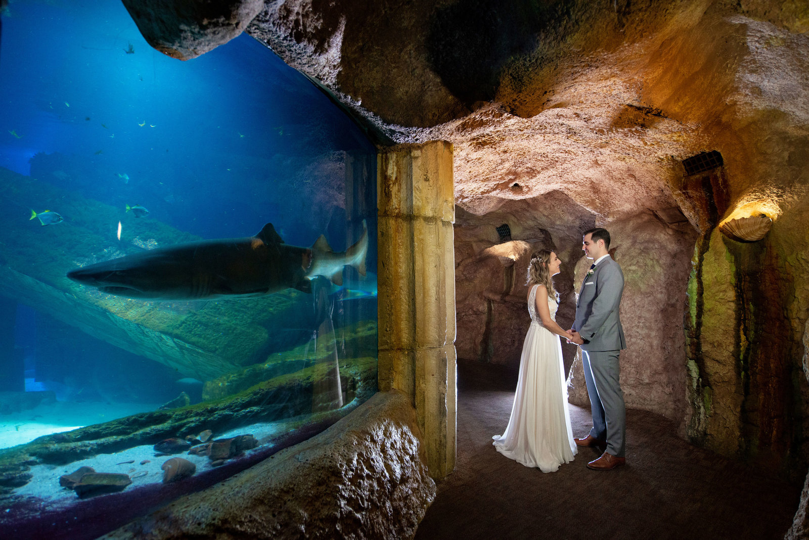 Bride and groom next to sharks at Atlantis Banquet and Events