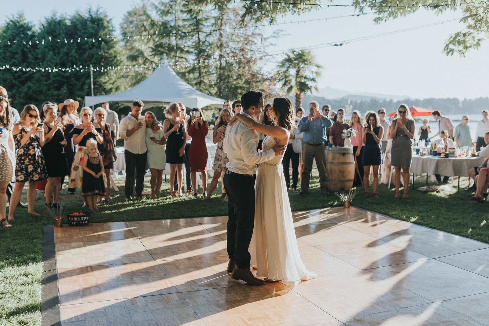 Bride and groom sharing first dance at intimate Vancouver Island wedding