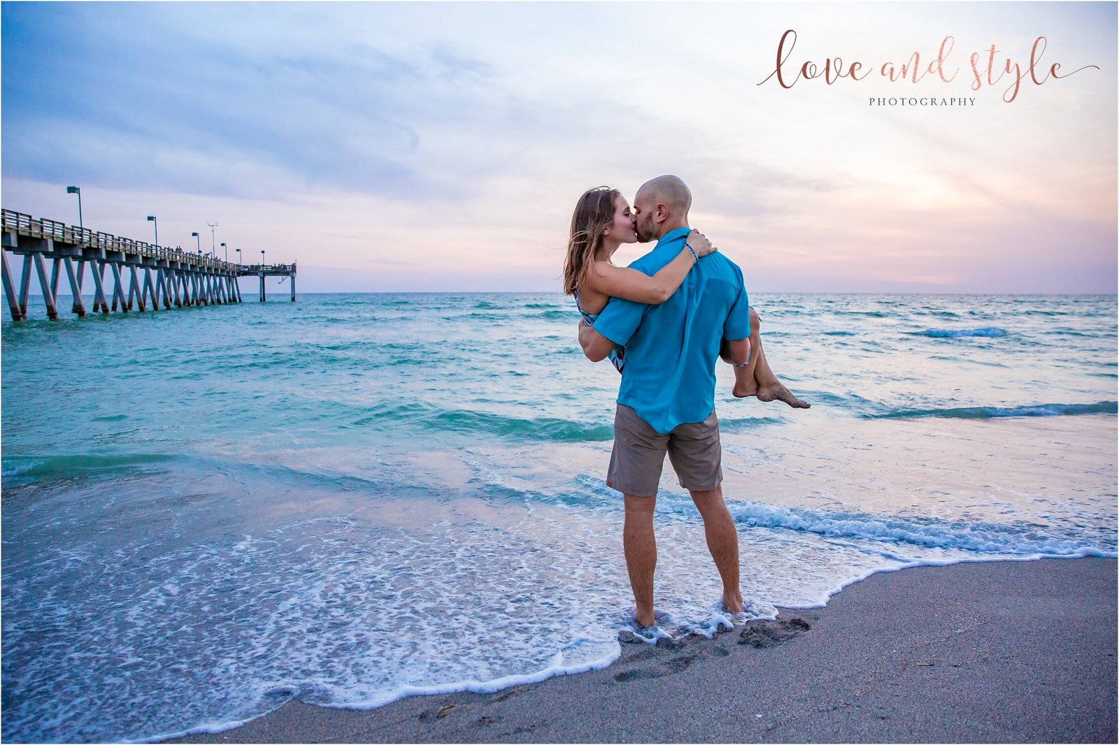 Engagement Photography at the Venice Dog Beach during sunset by the pier