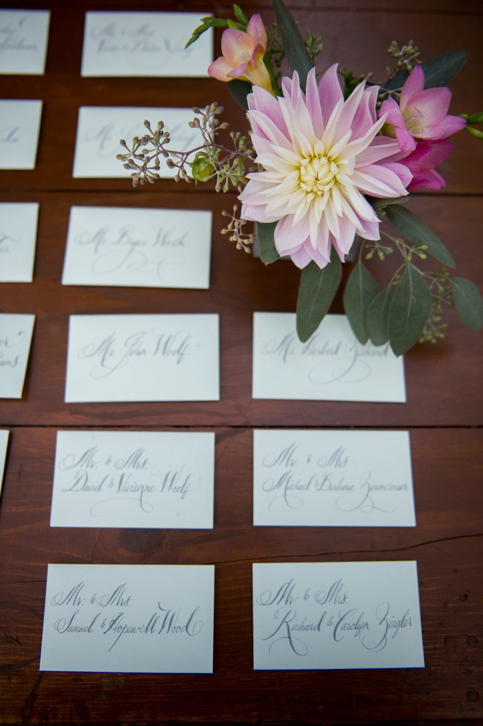 Rustic escort card dsiplay for home wedding in Washington, CT