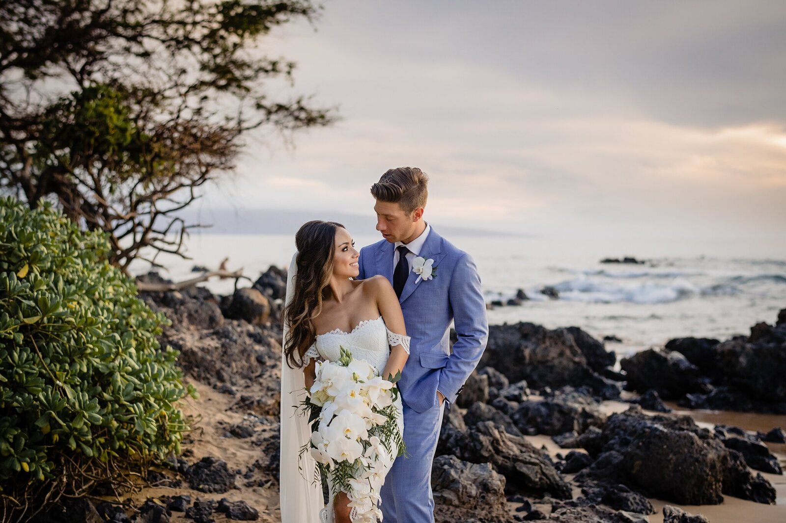 bride and groom on maui beach