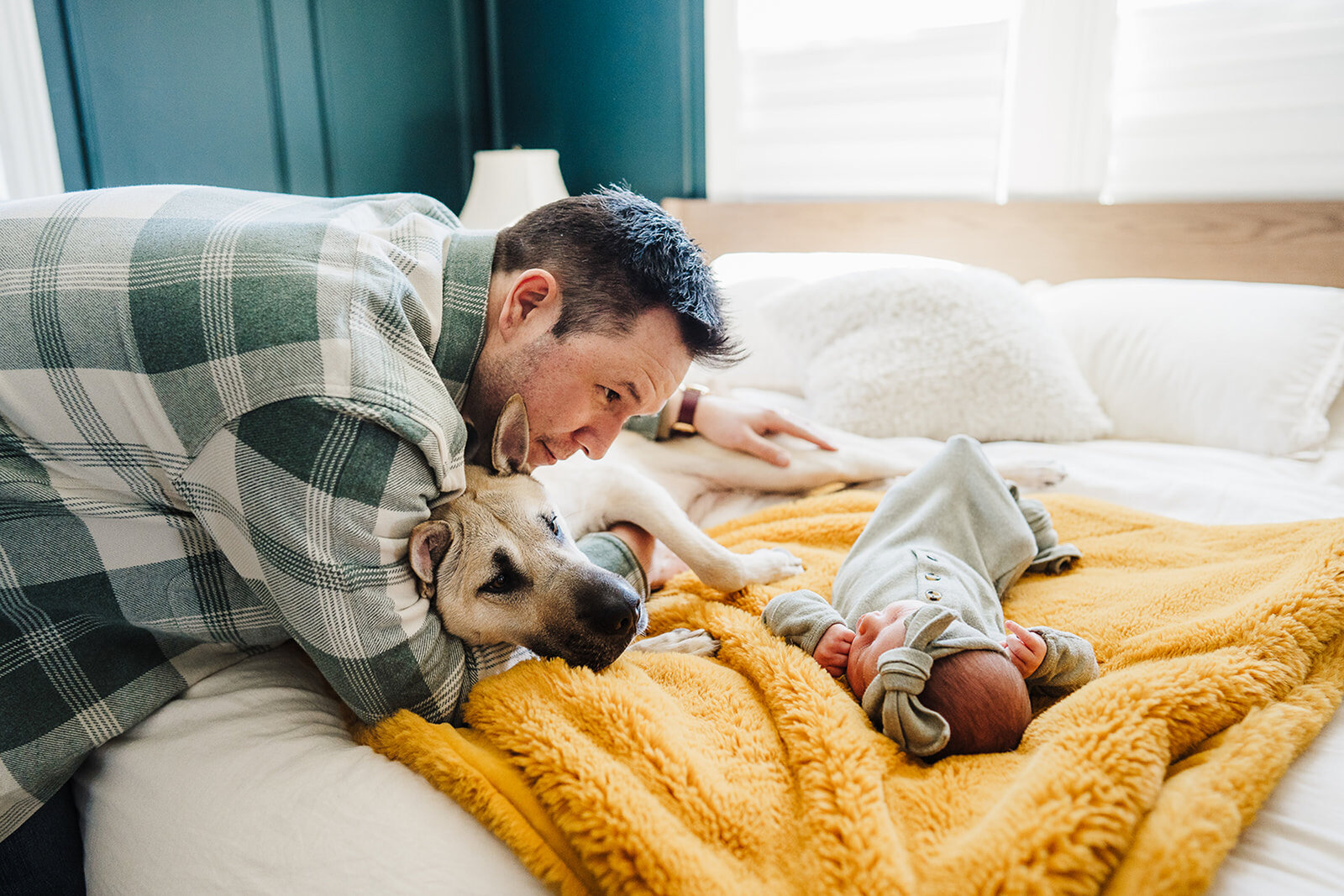 dad snuggles dog and newborn on bed