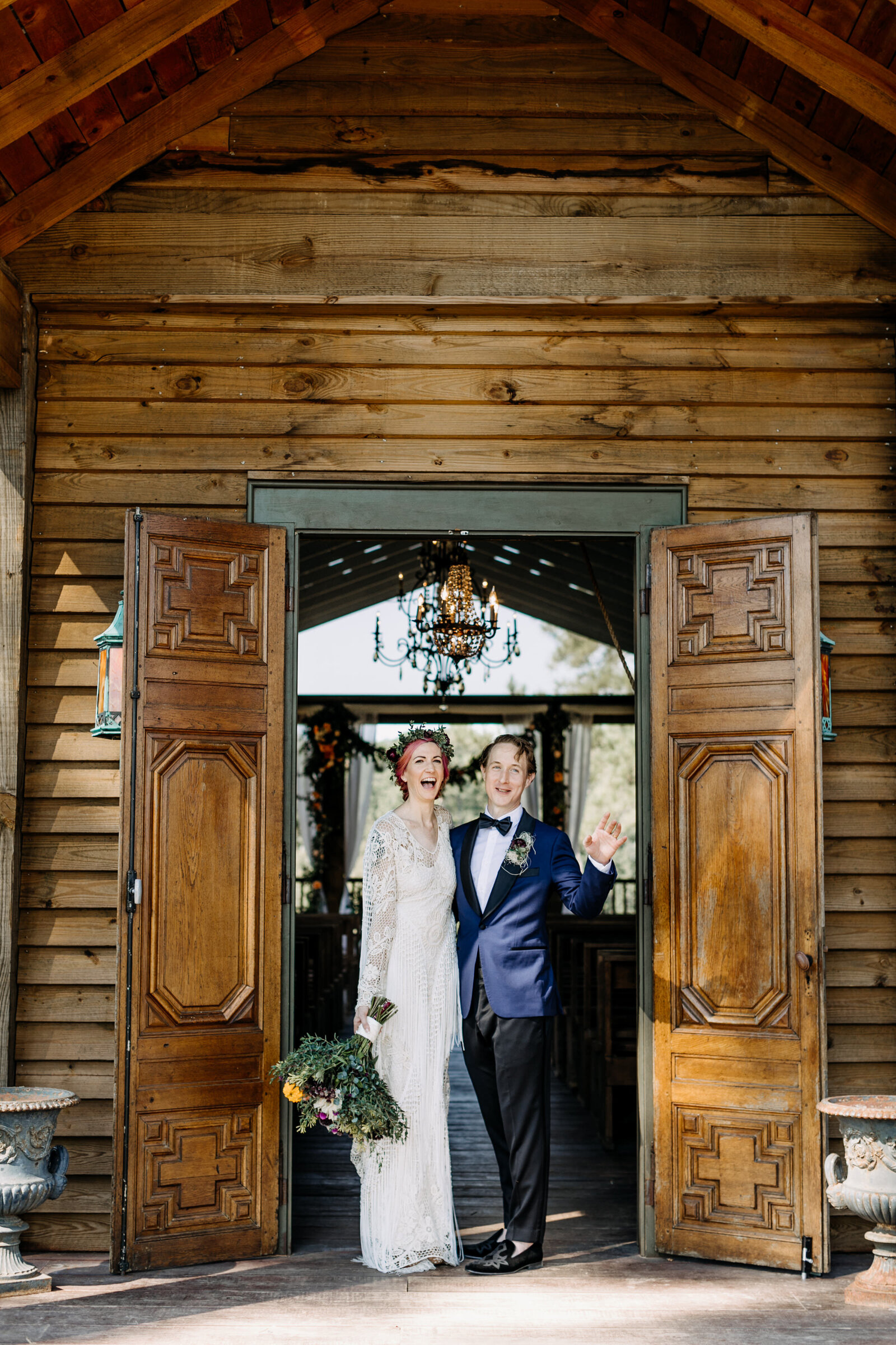 bride and groom at vintage church