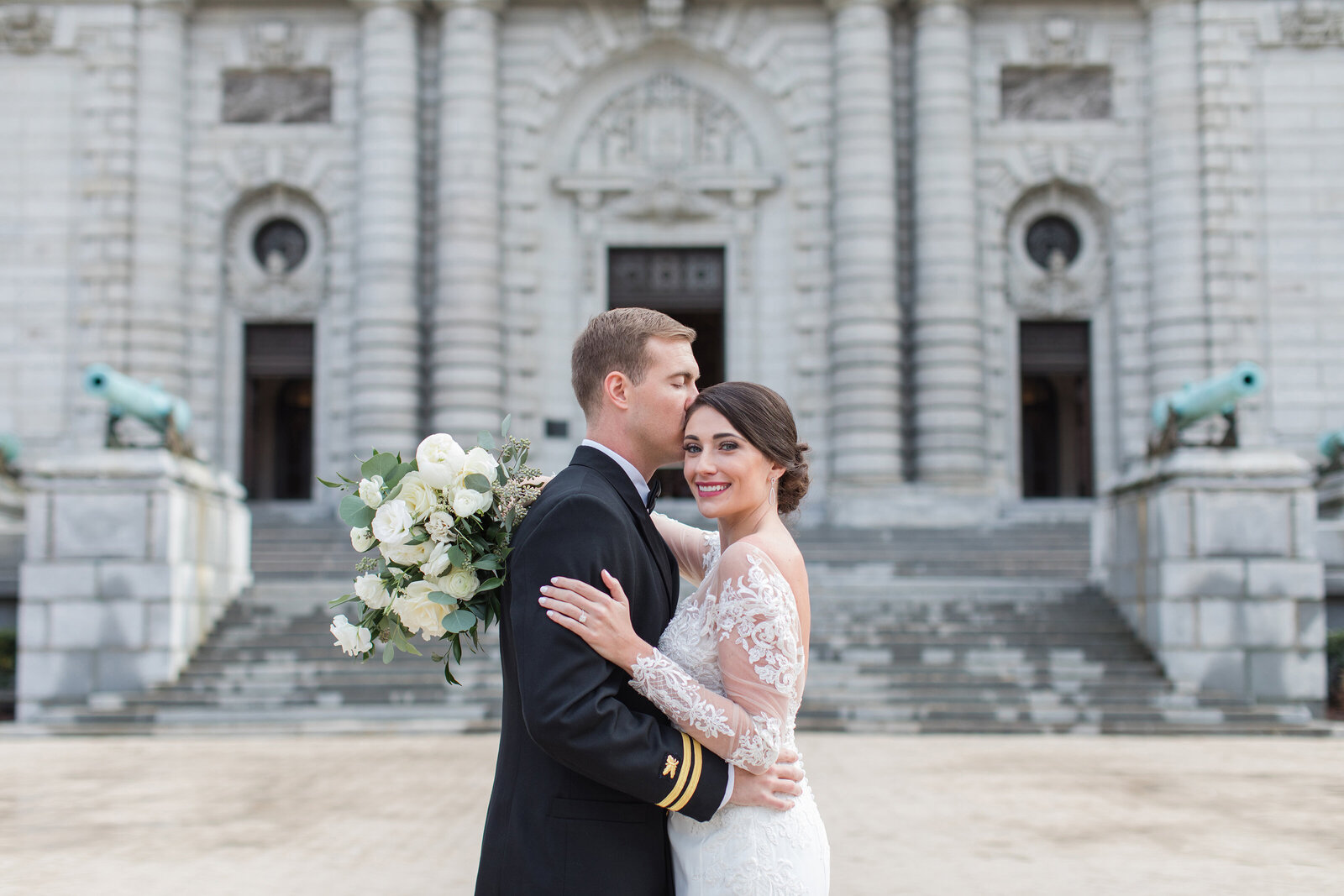 Naval Academy wedding in Annapolis Maryland photo of couple at Bancroft Hall T Court by Christa Rae Photography