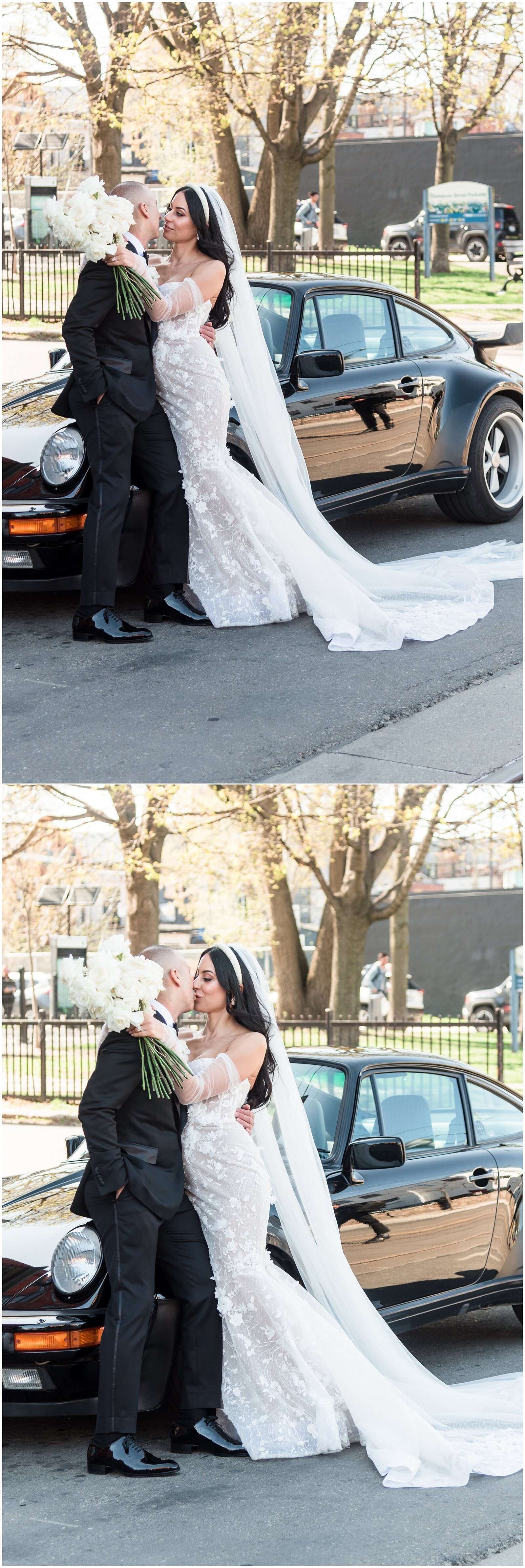 Bride and groom portraits in GTA Toronto standing next to a black porsche 911 classic