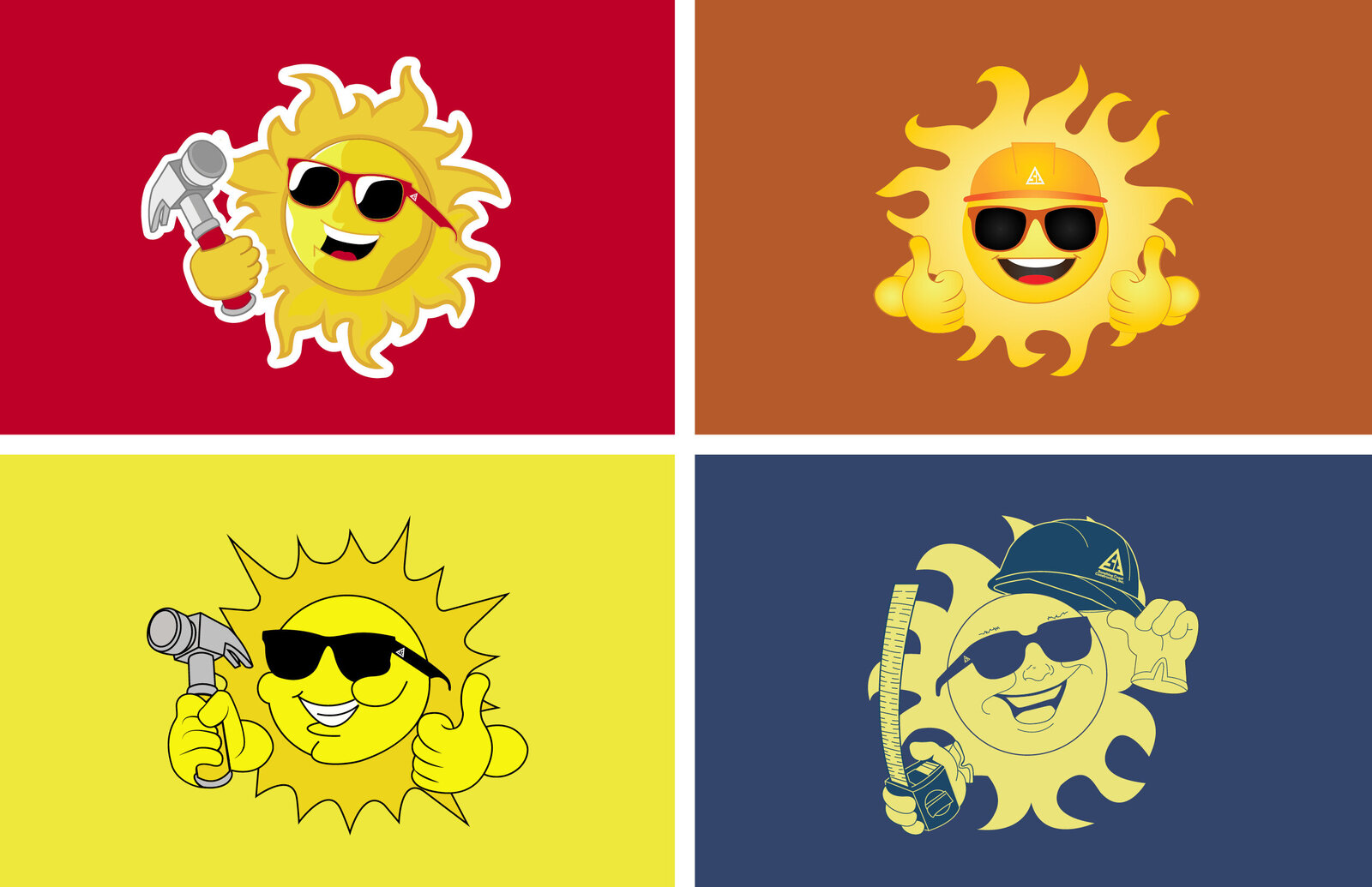 Four sun mascot options designed for Sunshine Coast Construction's rebrand.