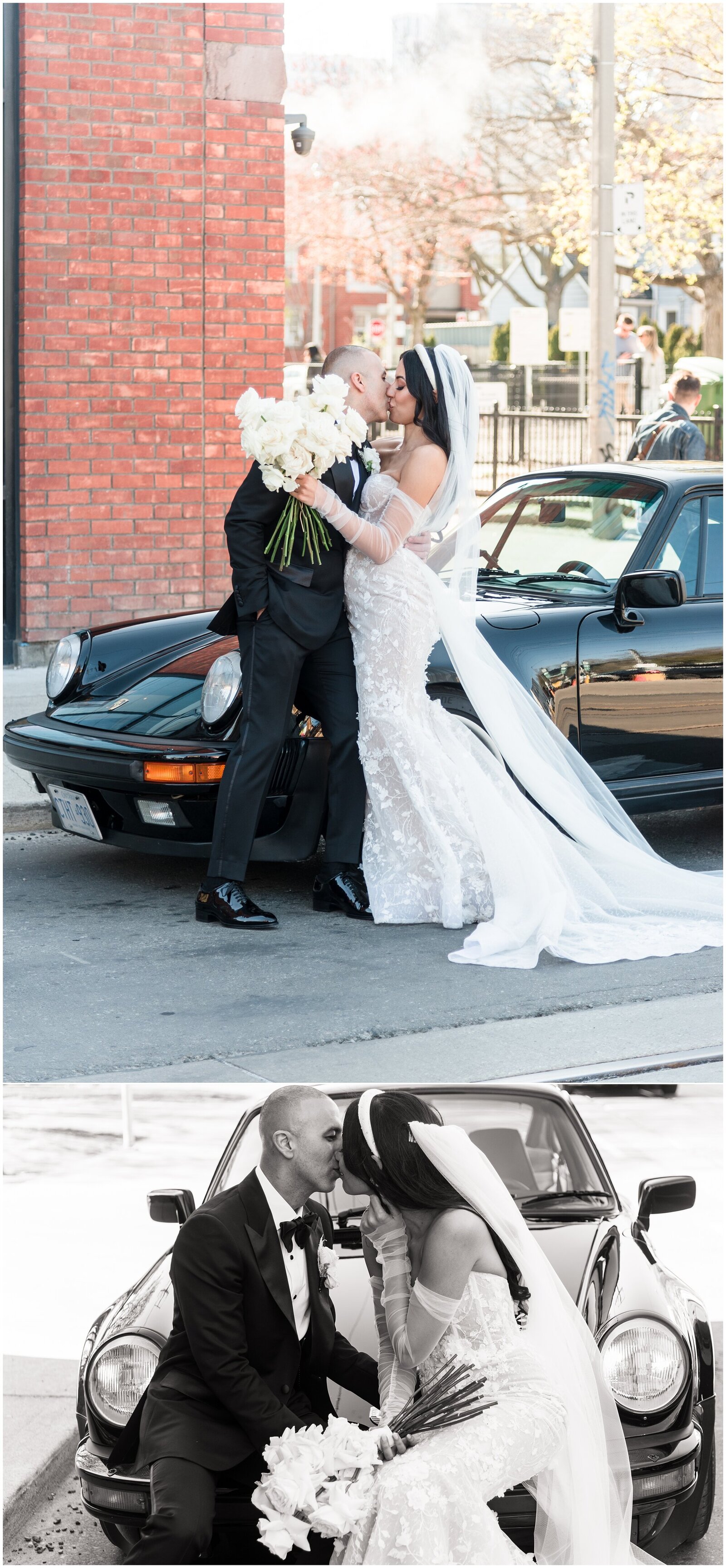 Bride and groom kissing for portraits in downtown Toronto standing next to a black porsche 911 classic