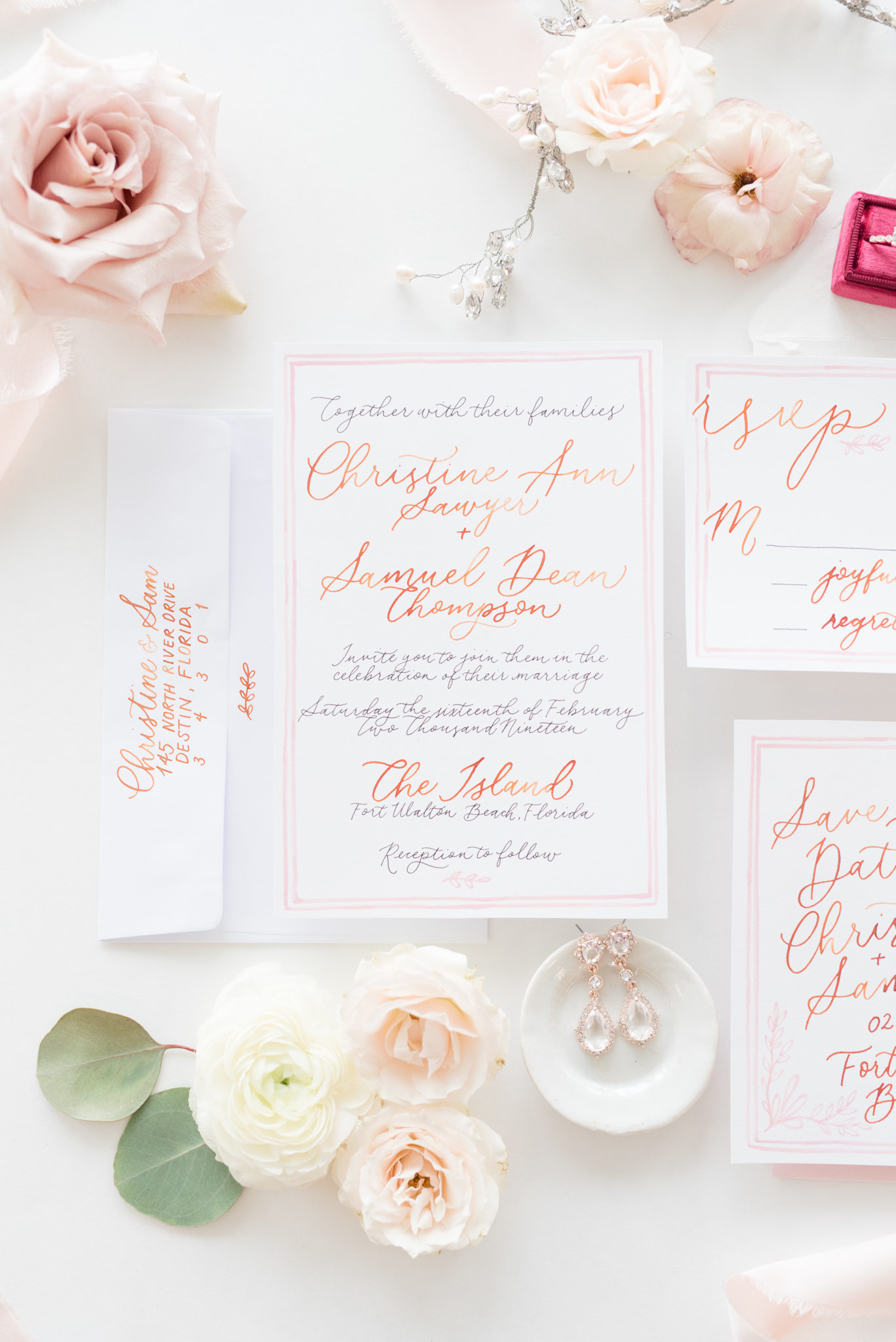 Wedding photography in Birmingham Al White and pink wedding invitation