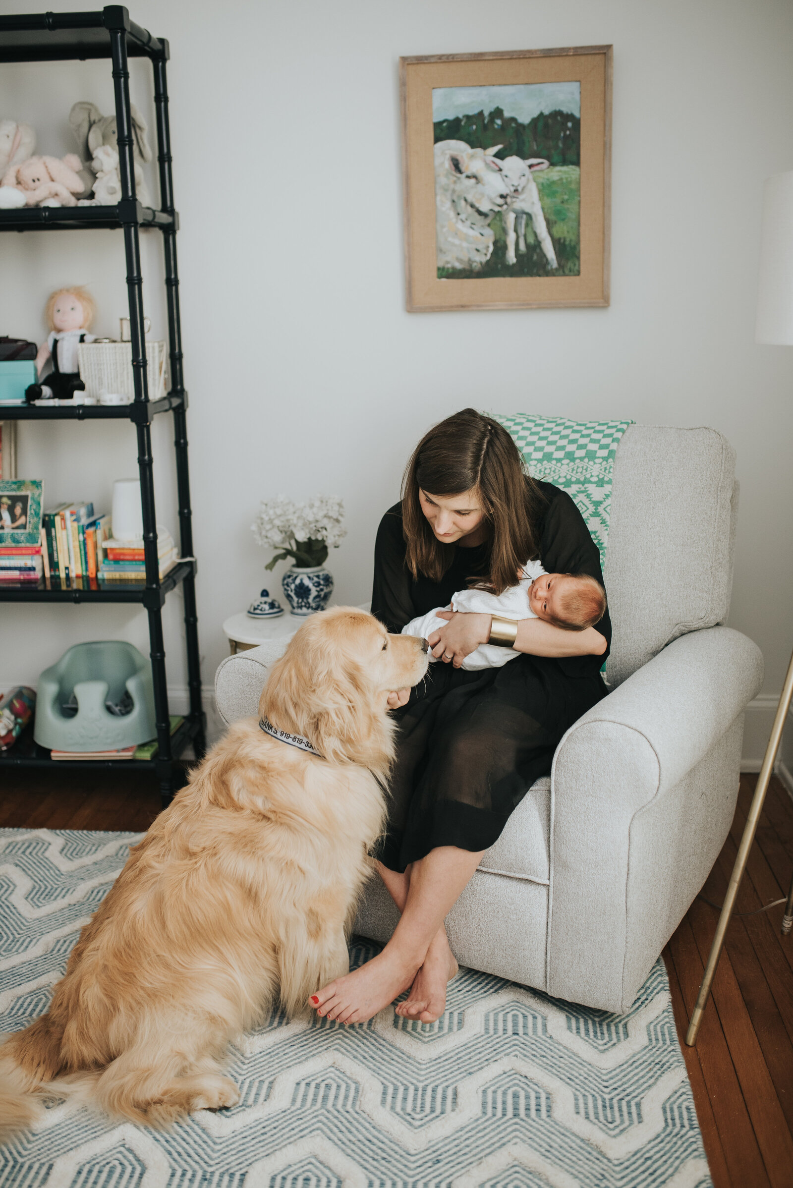 New mom holds baby girl during newborn session while golden retriever sniffs the baby