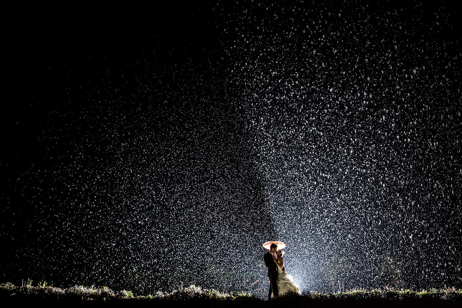stunning rain image with bride and groom at leoness cellars