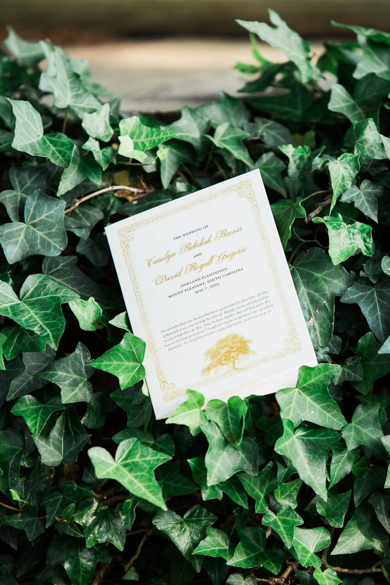 Wedding program rests in ivy, Oakland Plantation, Mt Pleasant, South Carolina. Kate Timbers Photography.