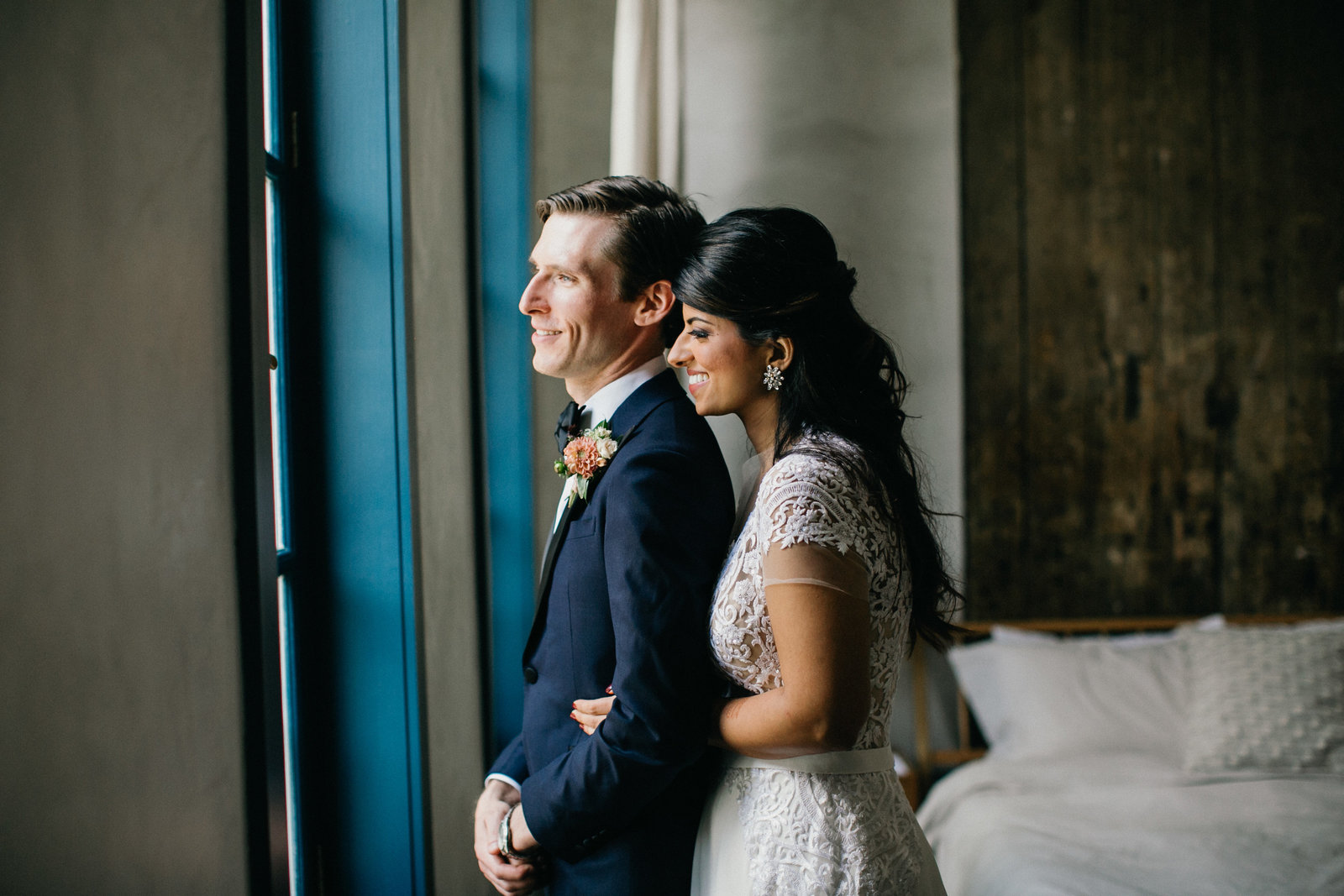 Intimate shot of the bride and groom during the first look at Lokal Hotel in Old City.