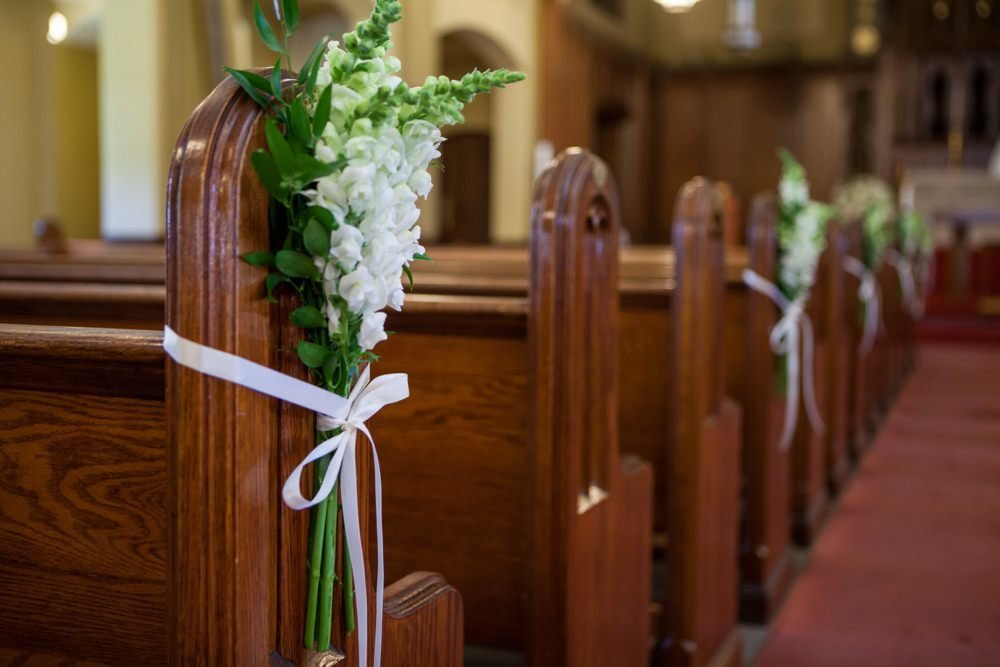 Church pew flowers for Eisenhower House wedding in Newport, RI
