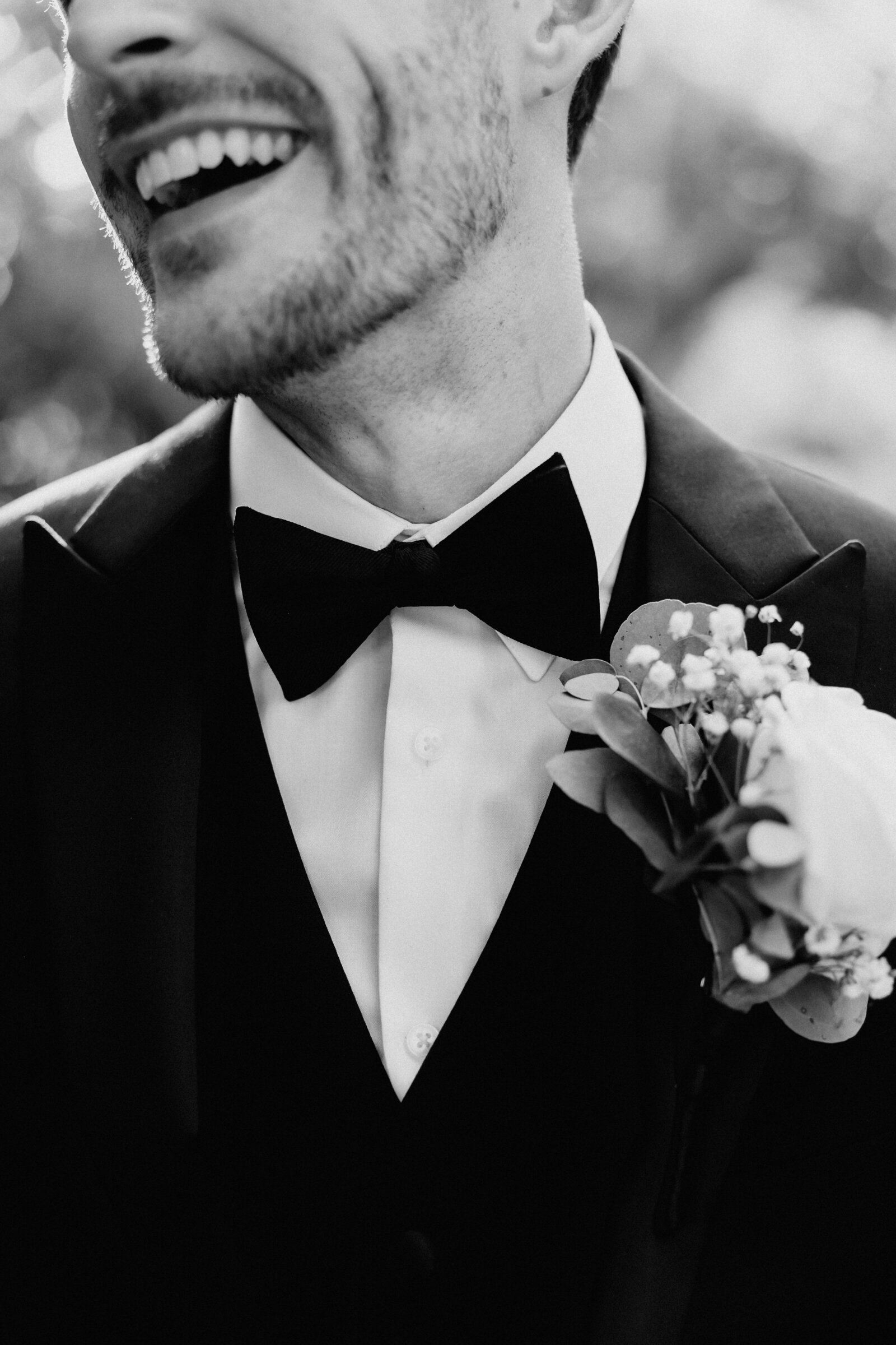 Wedding and Elopement Photography, black and white  close up of groom