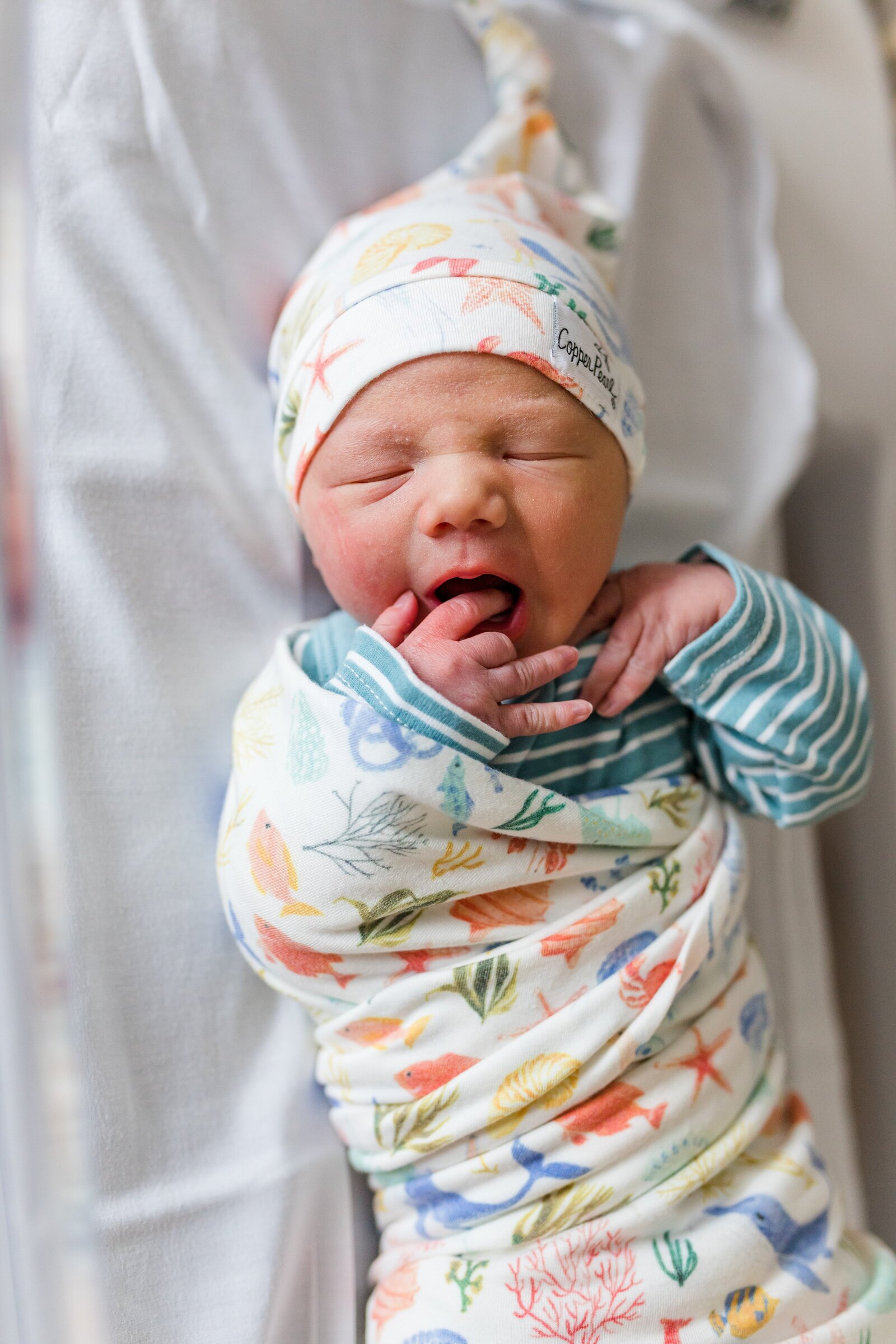 Fresh 48 in hospital newborn photography in Pensacola, FL. Newborn wearing Copper Pearl brand Nautical swaddle.